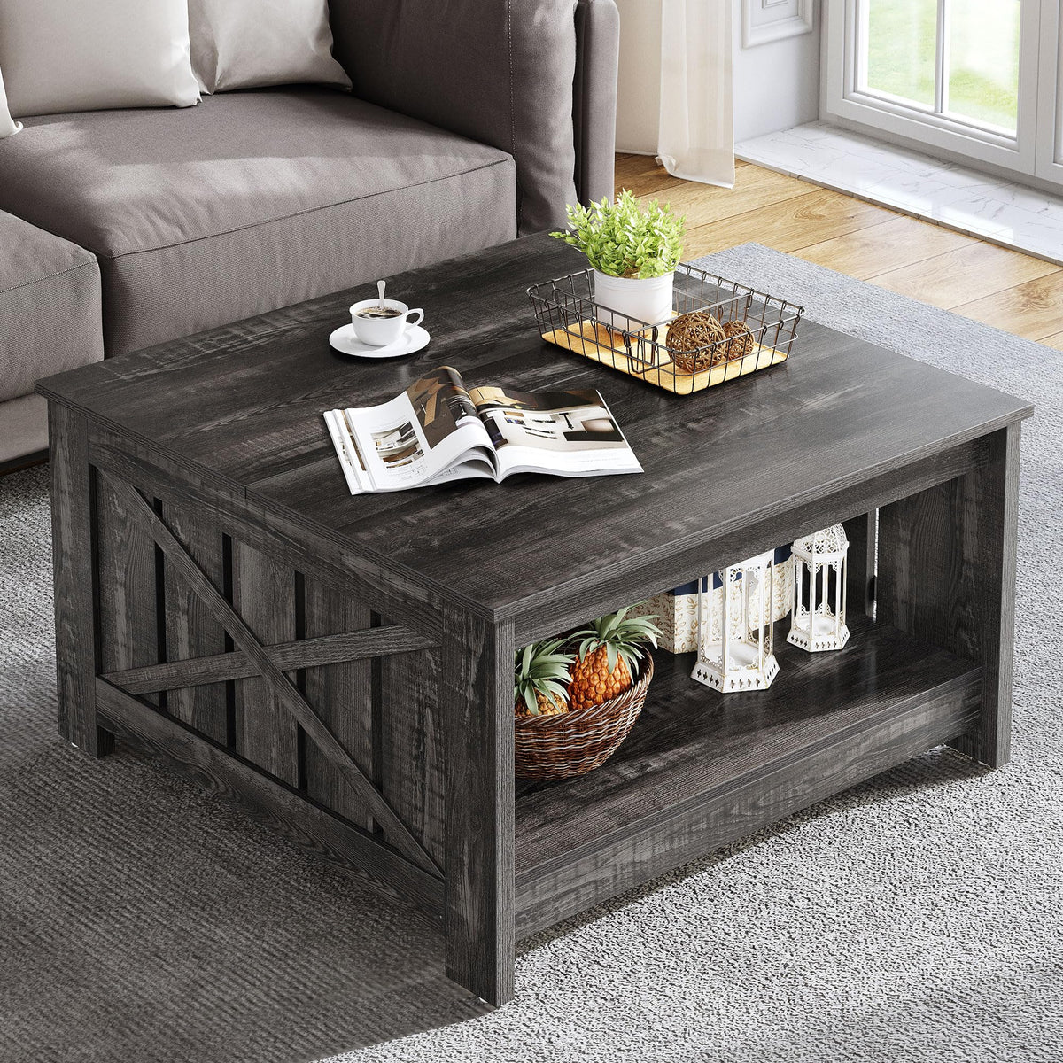 Yitahome Coffee Table Farmhouse Coffee Table With Storage Rustic Wood Cocktail Table,Square Coffee Table For Living Meeting Room With Half Open Storage Compartment,Dark Rustic Oak