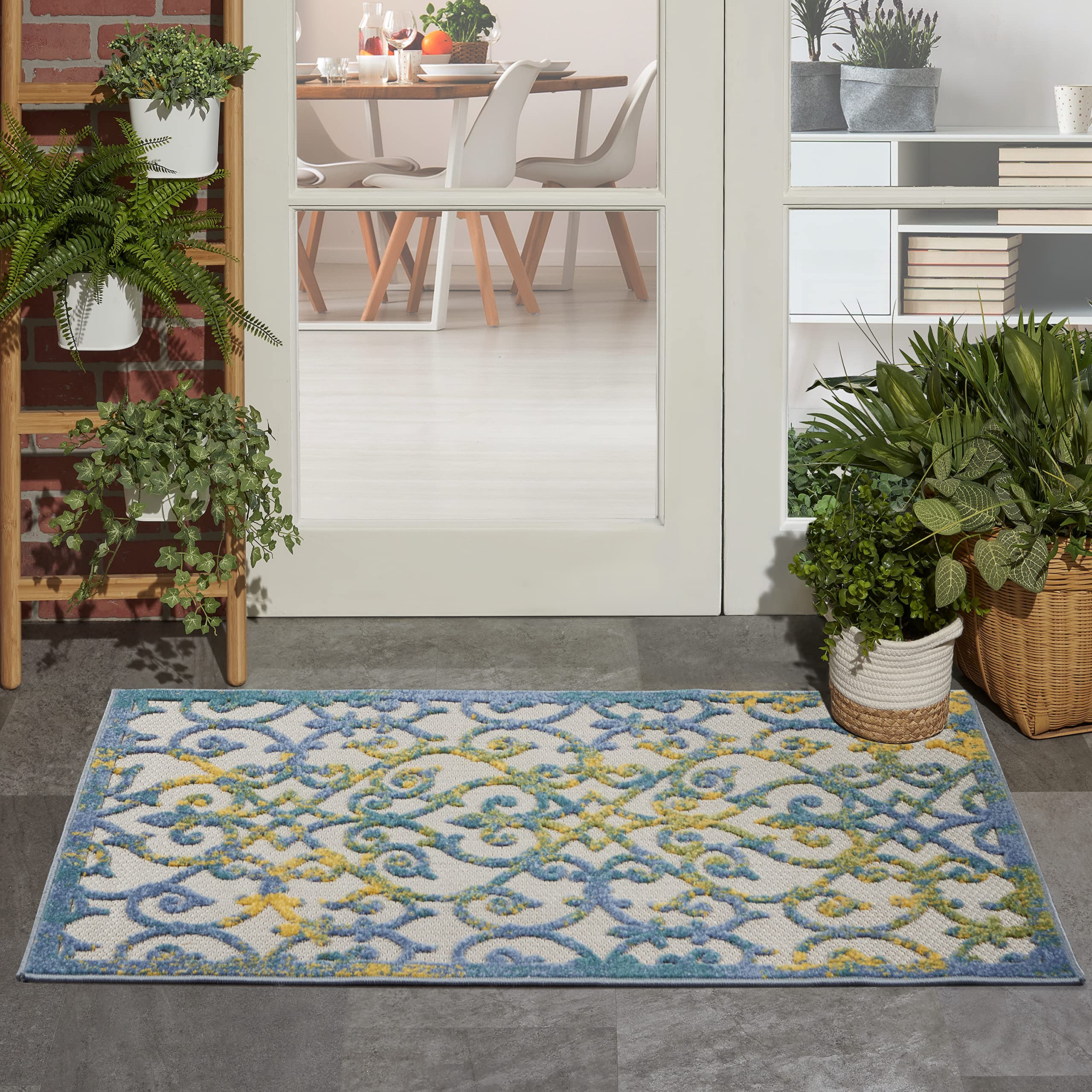 Nourison Aloha Indoor/Outdoor Ivory Blue 2'8' X 4' Area Rug, Transitional, French Country, Easy Cleaning, Non Shedding, Bed Roo