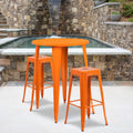 Flash Furniture Commercial Grade 30" Round Orange Metal Indoor-Outdoor Bar Table Set with 2 Square Seat Backless Stools
