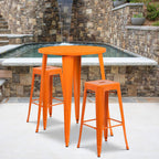 Flash Furniture Commercial Grade 30" Round Orange Metal Indoor-Outdoor Bar Table Set with 2 Square Seat Backless Stools