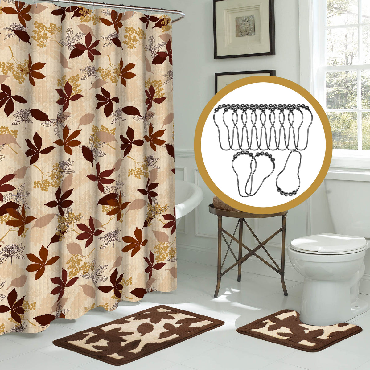 Creative Home Ideas Bath Fusion Shower Curtain Set, 72'X72', Blowing Leaves Chocolate