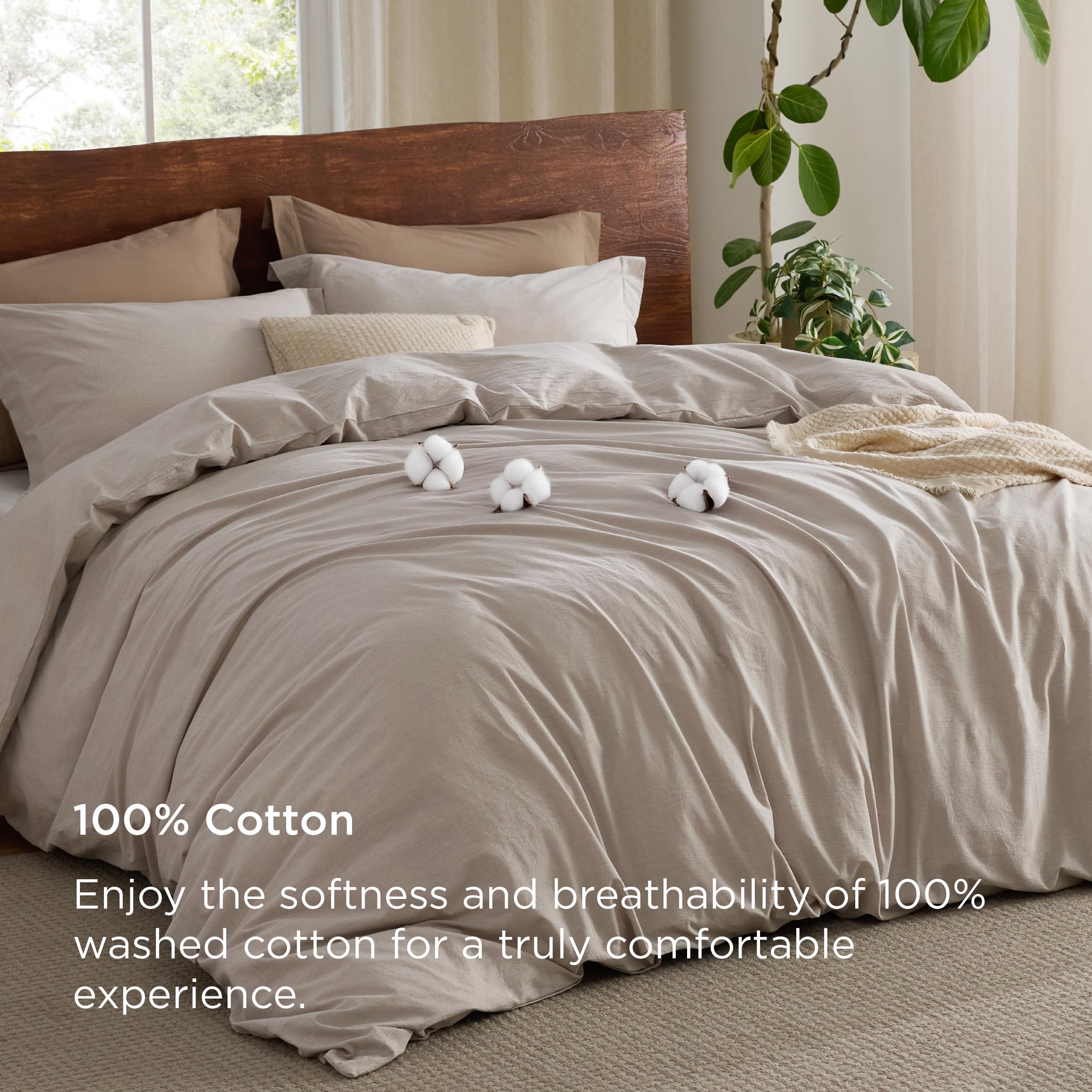 Bedsure 100% Washed Cotton Duvet Cover King Size - Linen Grey Minimalist Cotton Duvet Cover Set Linen Like - Gentlesoft™ Plain Simple Bedding Set With 2 Pillow Shams (Linen Grey, King, 104'X90')
