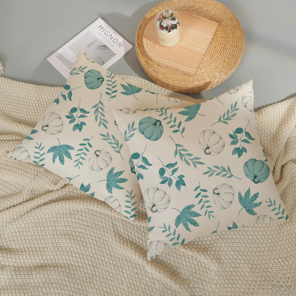 Gohdiwh Fall Pillow Covers 18X18 Set Of 2 Aqua Teal Pumpkin Maple Leaf Pillowcase Autumn Thanksgiving Decorations Outdoor Throw