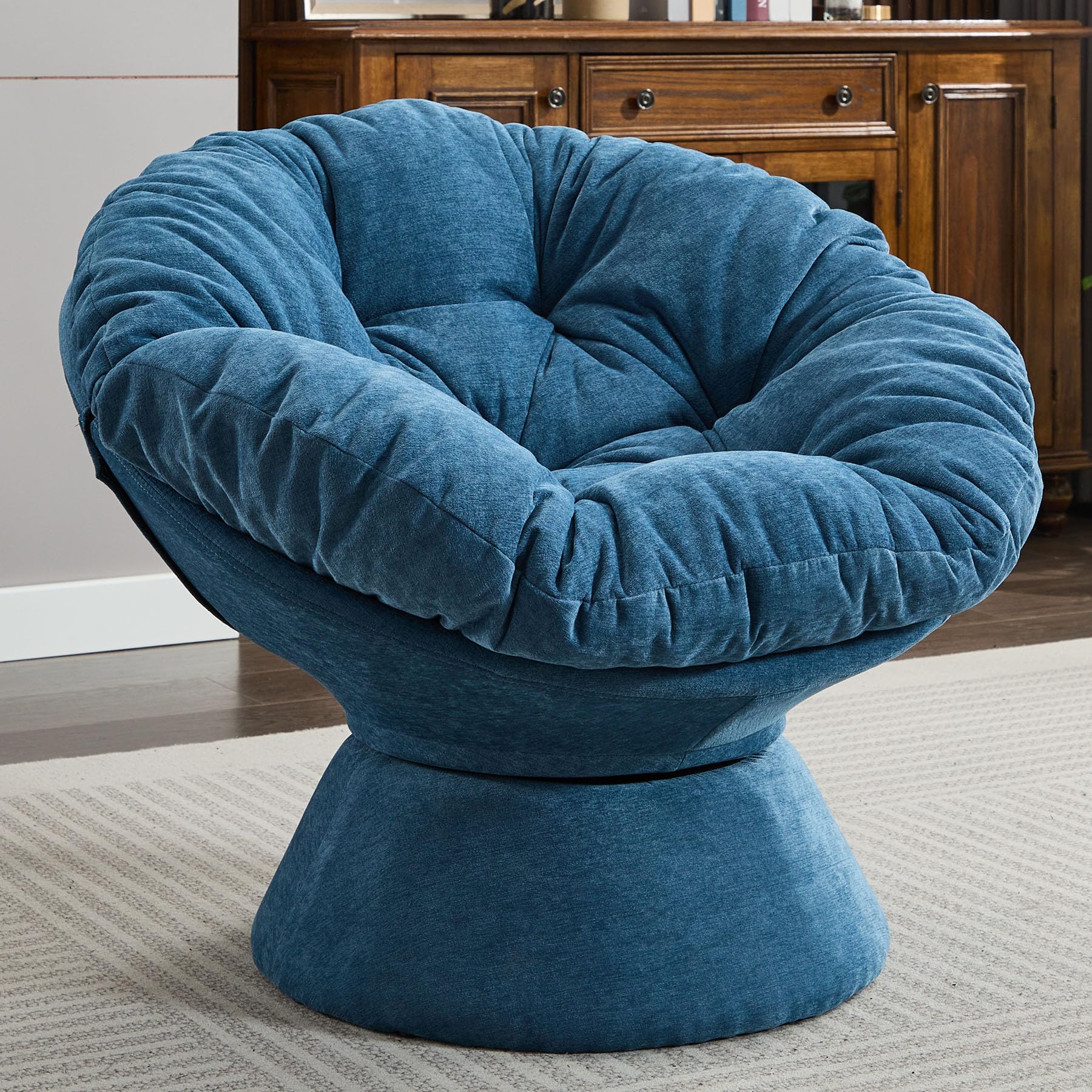 Hrveocei Modern Chenille Oversized Papasan Swivel Bowl Chair, 360 Swivel, Plush Cushion, Sturdy Base, Easy Assembly, Light Blue,