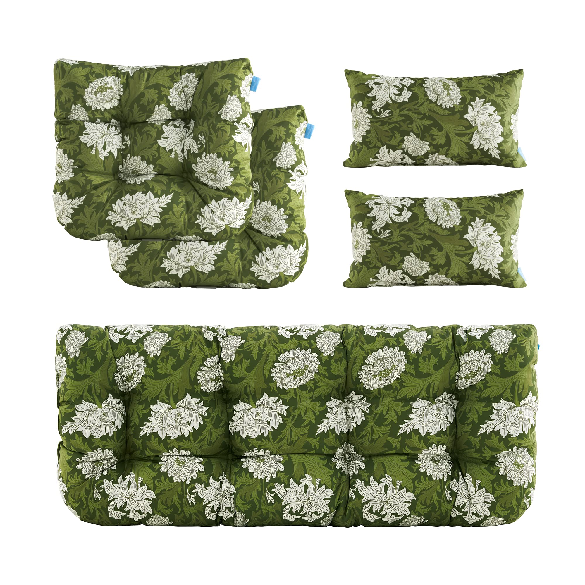 Artplan Outdoor Cushions For Settee,Wicker Loveseat Cushions With Tie,Tufted Patio Cushions 2 U-Shaped Set Of 5 Piece,Floral,Gre