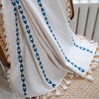Sutuo Home Boho Curtains 90 Inches For Bedroom Living Room, Semi Blackout Farmhouse Vintage Tassels Window Treatment Bohemian Embroidery Drape, Rod Pocket 1 Panel 52' W X 90' L, White And Navy Blue