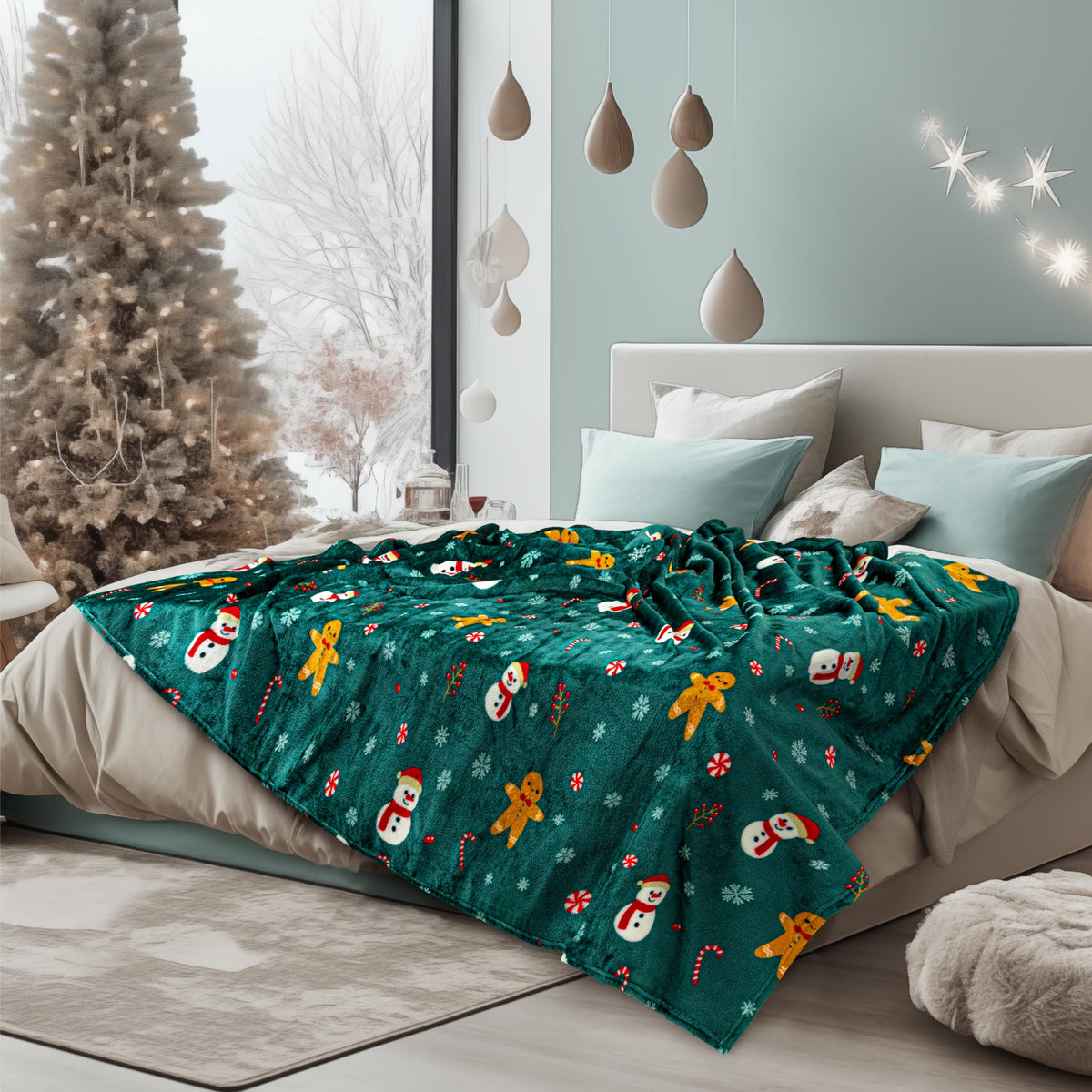 Pavilia Christmas Gingerbread Throw Blanket | Green Holiday Christmas Fleece Blanket | Soft, Plush, Warm Winter Cabin Throw, 60X