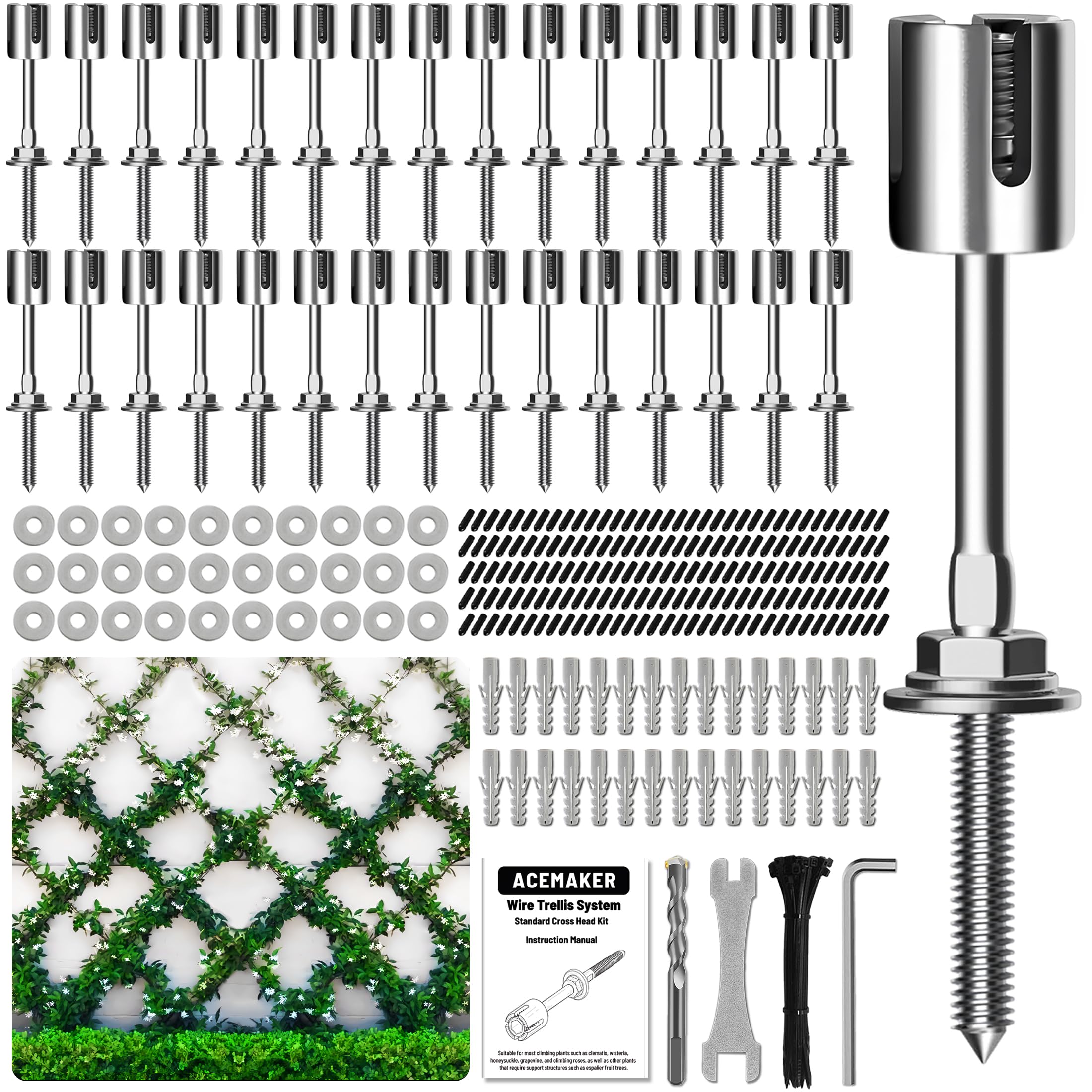Acemaker Wire Trellis For Climbing Plants Outdoor, 30 Sets Wall Wire Trellis Kit, T316 Stainless Steel Wall Trellis Kit Espalier