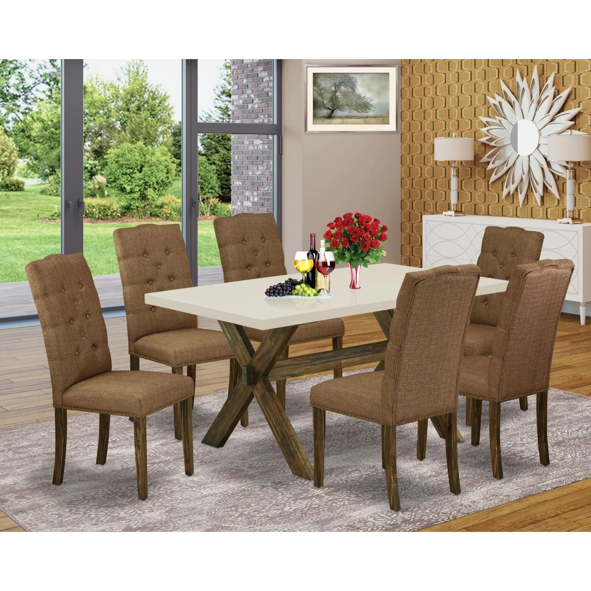 East West Furniture X-Style 7 Piece Set Consist Of A Rectangle Dining Room Table With X-Legs And 6 Brown Linen Fabric Upholstered Chairs, 36X60 Inch, Multi-Color