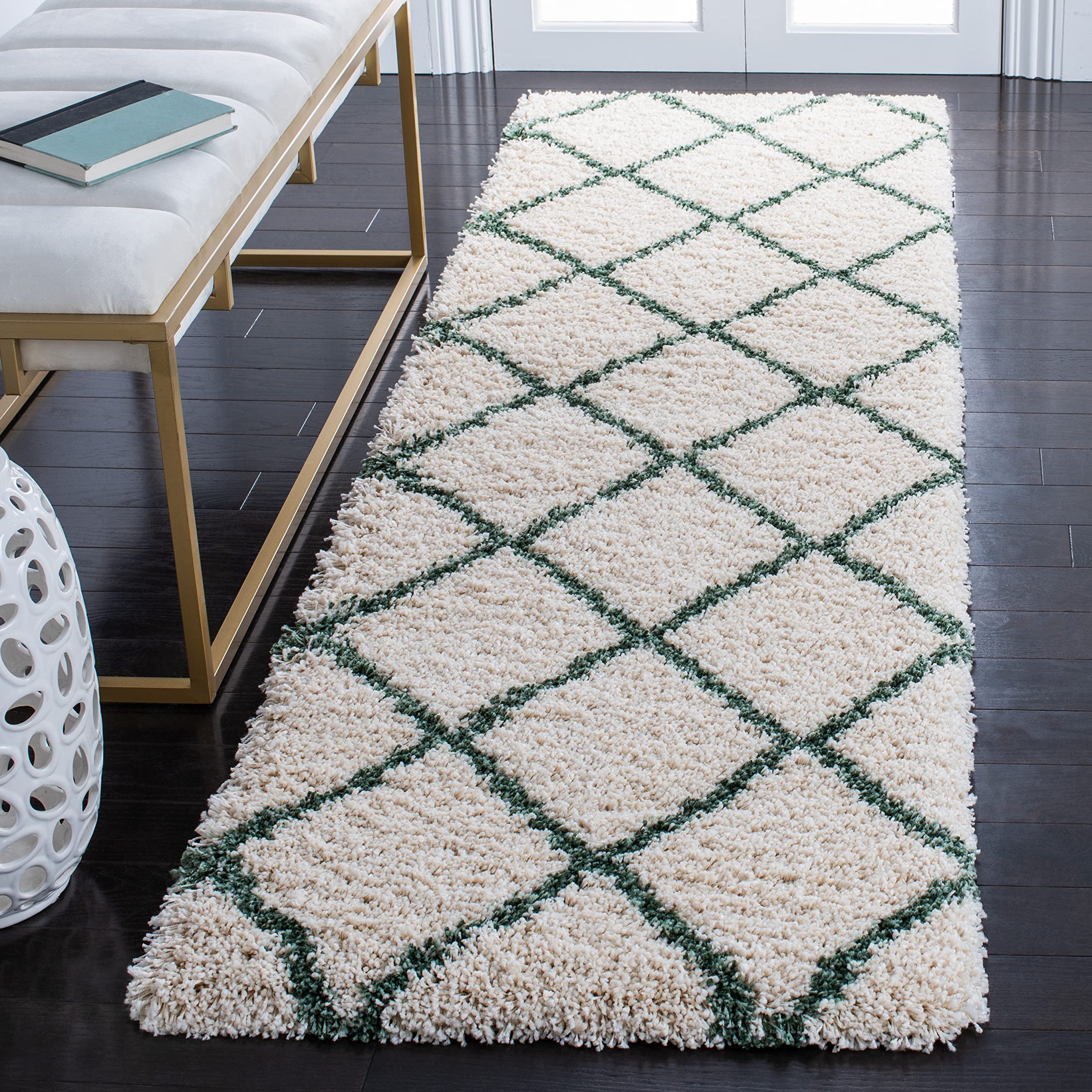 SAFAVIEH Hudson Shag Collection Runner Rug - 23 x 8, Ivory & Green, Modern Trellis Design, Non-Shedding & Easy Care, 2-inch Th