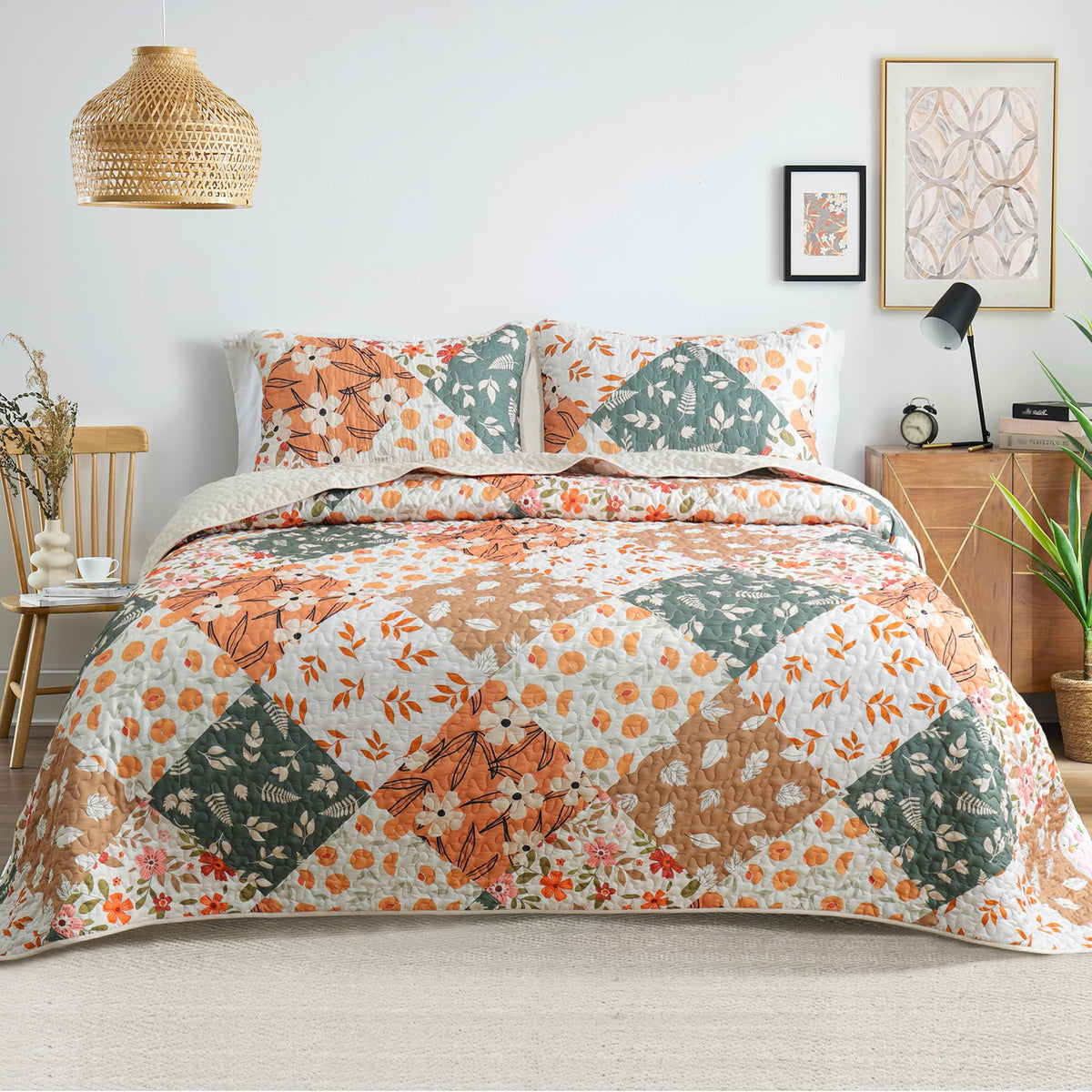 Whale Flotilla Reversible Patchwork Quilts Full Queen Size, Lightweight Boho Printed Bedspreads Coverlets Quilt Bedding Set with