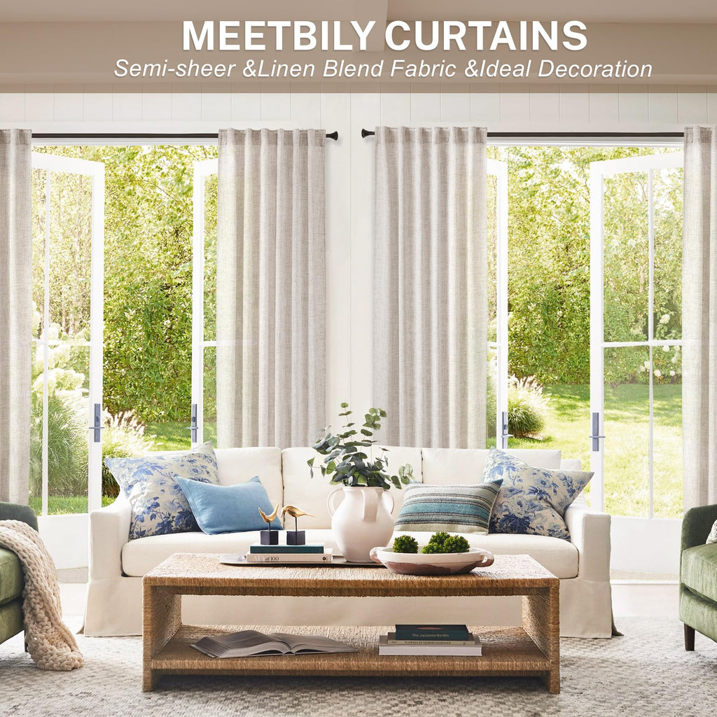 Meetbily 63 Inch Length Linen Back Tab Curtains For Living Room 2 Panels Natural Light Filtering Semi Sheer Boho Curtain Drapes