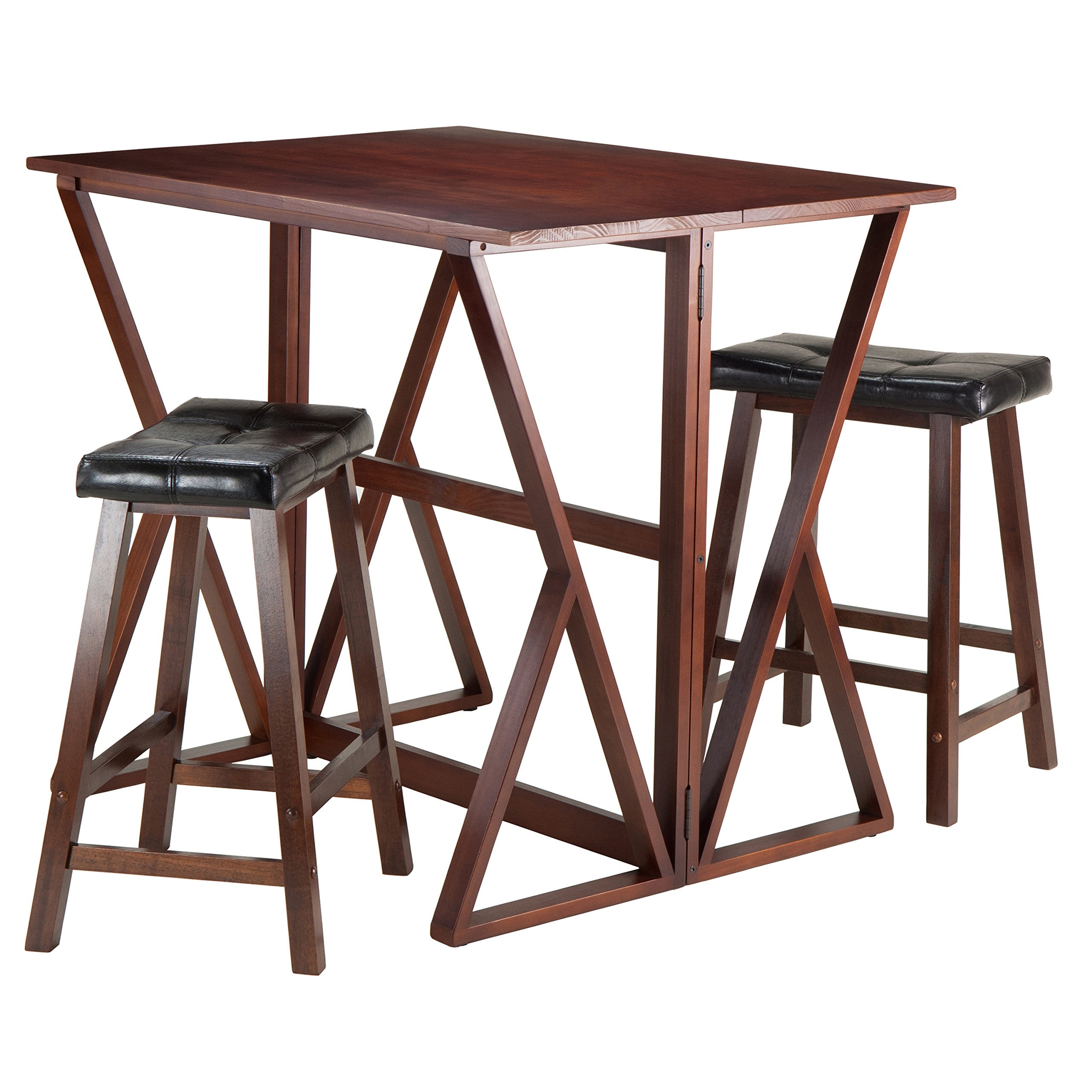 Winsome 3-Piece Harrington Drop Leaf High Table with 2 Cushion Saddle Seat Stools, 24-Inch, Brown