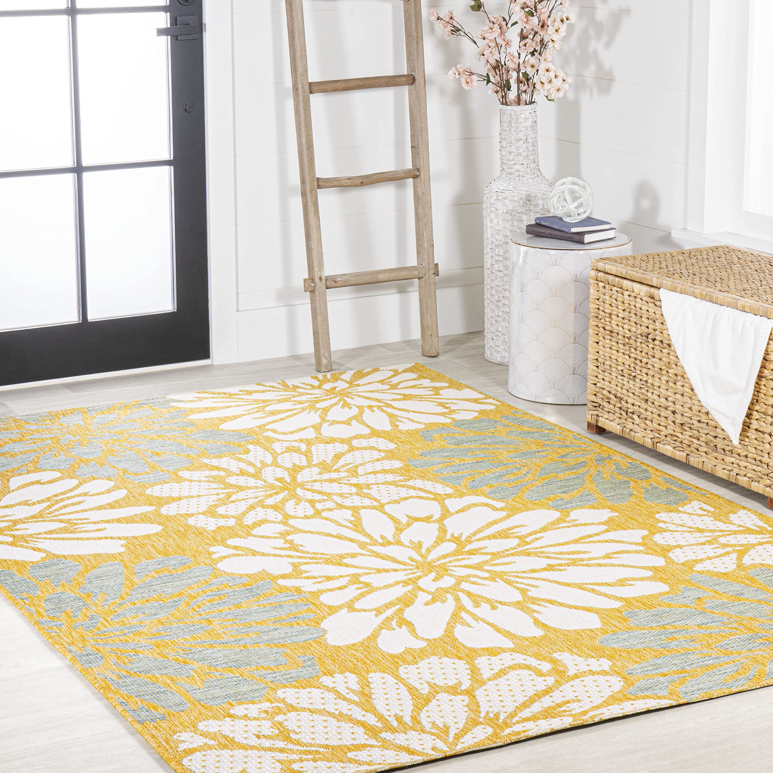 Jonathan Y Smb110G-3 Zinnia Modern Floral Textured Weave Indoor Outdoor Area-Rug, Bohemian Coastal Mediterranean Easy-Cleaning,B