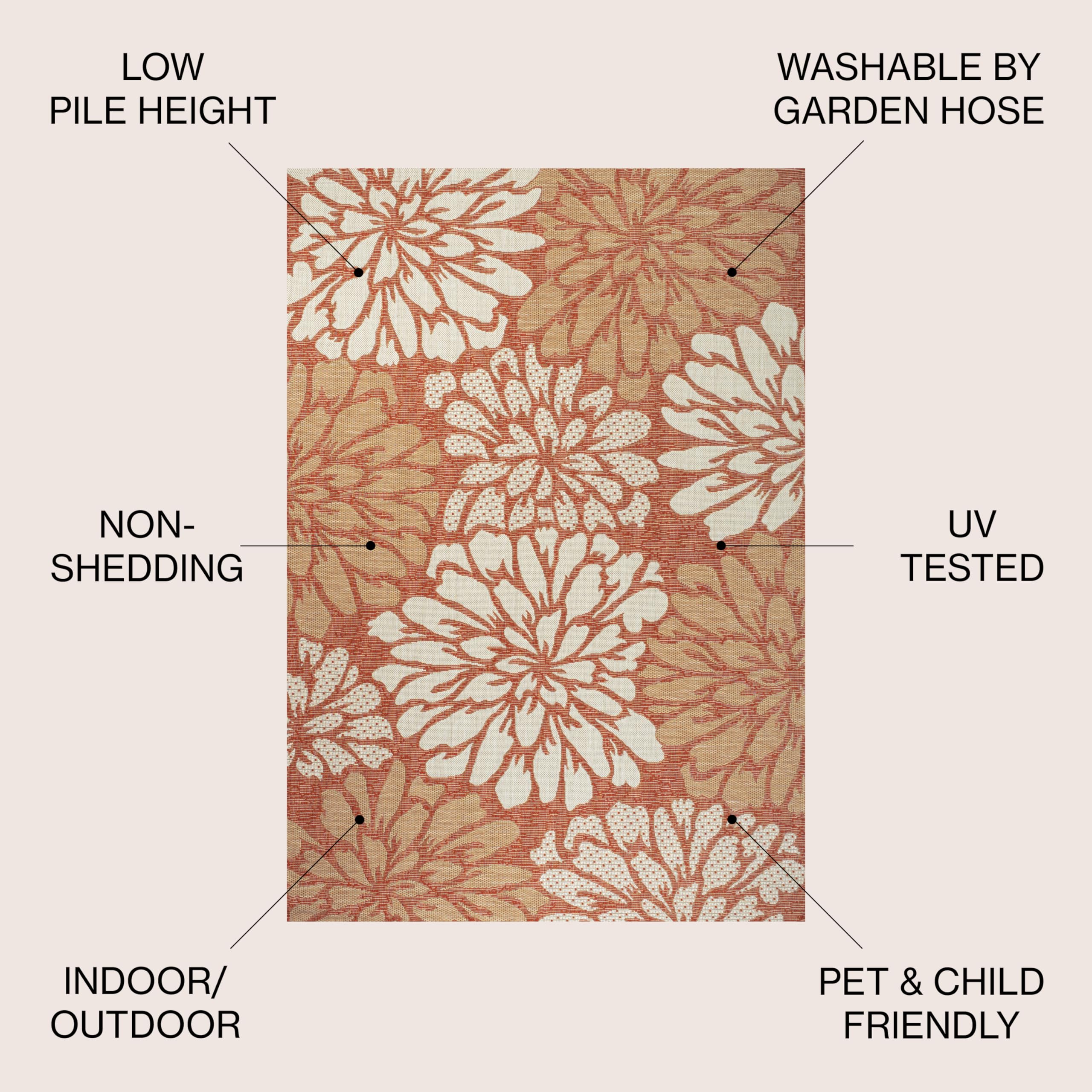 Jonathan Y Smb110E-8 Zinnia Modern Floral Textured Weave Indoor Outdoor Area-Rug, Bohemian Coastal Mediterranean Easy-Cleaning,Bedroom,Kitchen,Backyard,Patio,Non Shedding, 8 X 10, Orange/Cream