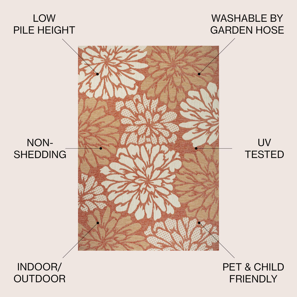 Jonathan Y Smb110E-8 Zinnia Modern Floral Textured Weave Indoor Outdoor Area-Rug, Bohemian Coastal Mediterranean Easy-Cleaning,Bedroom,Kitchen,Backyard,Patio,Non Shedding, 8 X 10, Orange/Cream