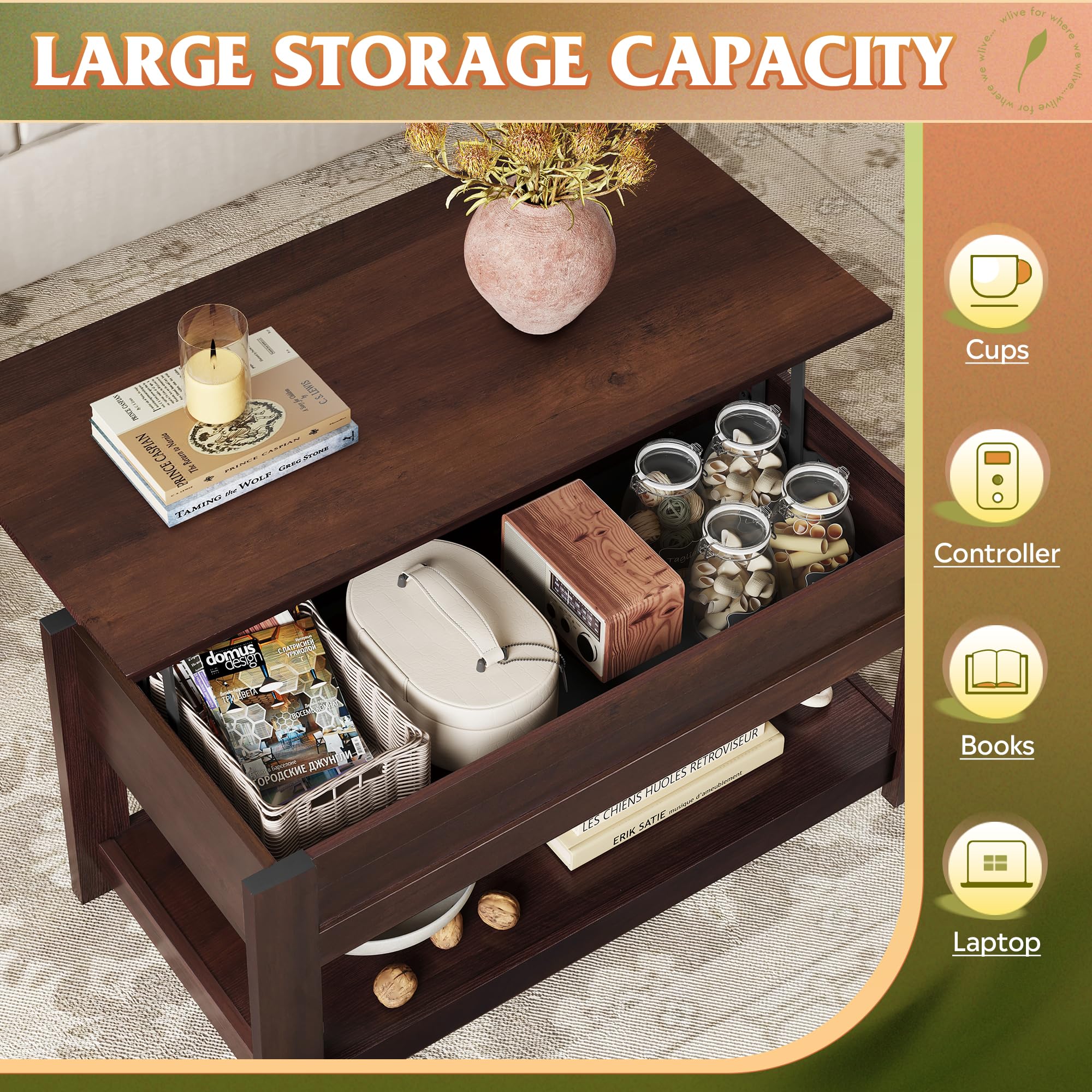 Wlive Coffee Table, 39' Lift Top Coffee Table With Hidden Compartment And Storage Shelf For Living Room, Red-Brown