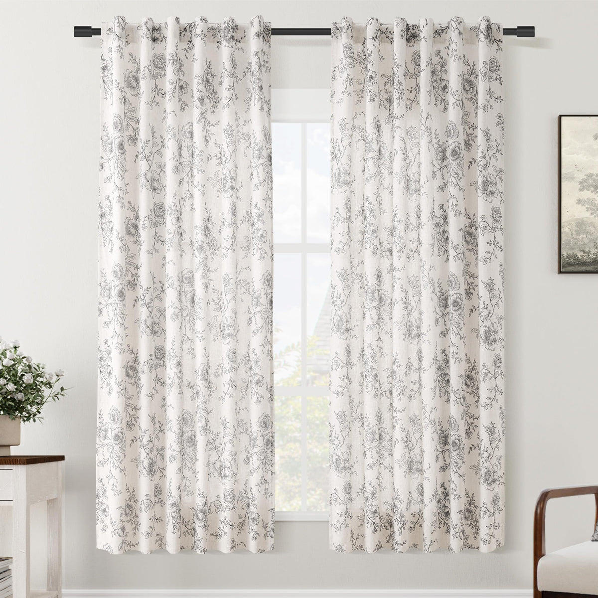 Floral Linen Curtains 80 Inch Length 2 Panels For Dining Room Neutral Cream Black Pattern Printed Curtains Living Room Back Tab