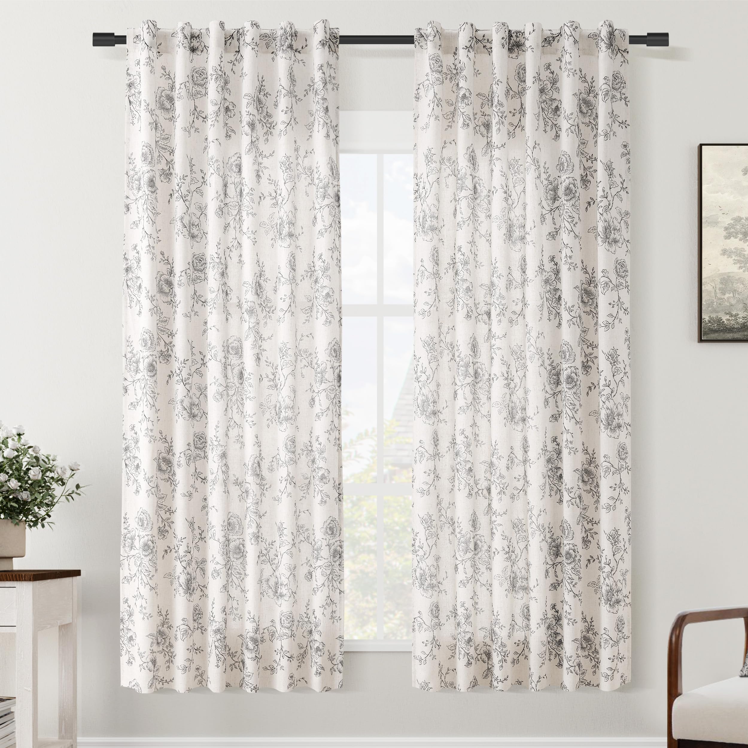 Floral Linen Curtains 80 Inch Length 2 Panels For Dining Room Neutral Cream Black Pattern Printed Curtains Living Room Back Tab