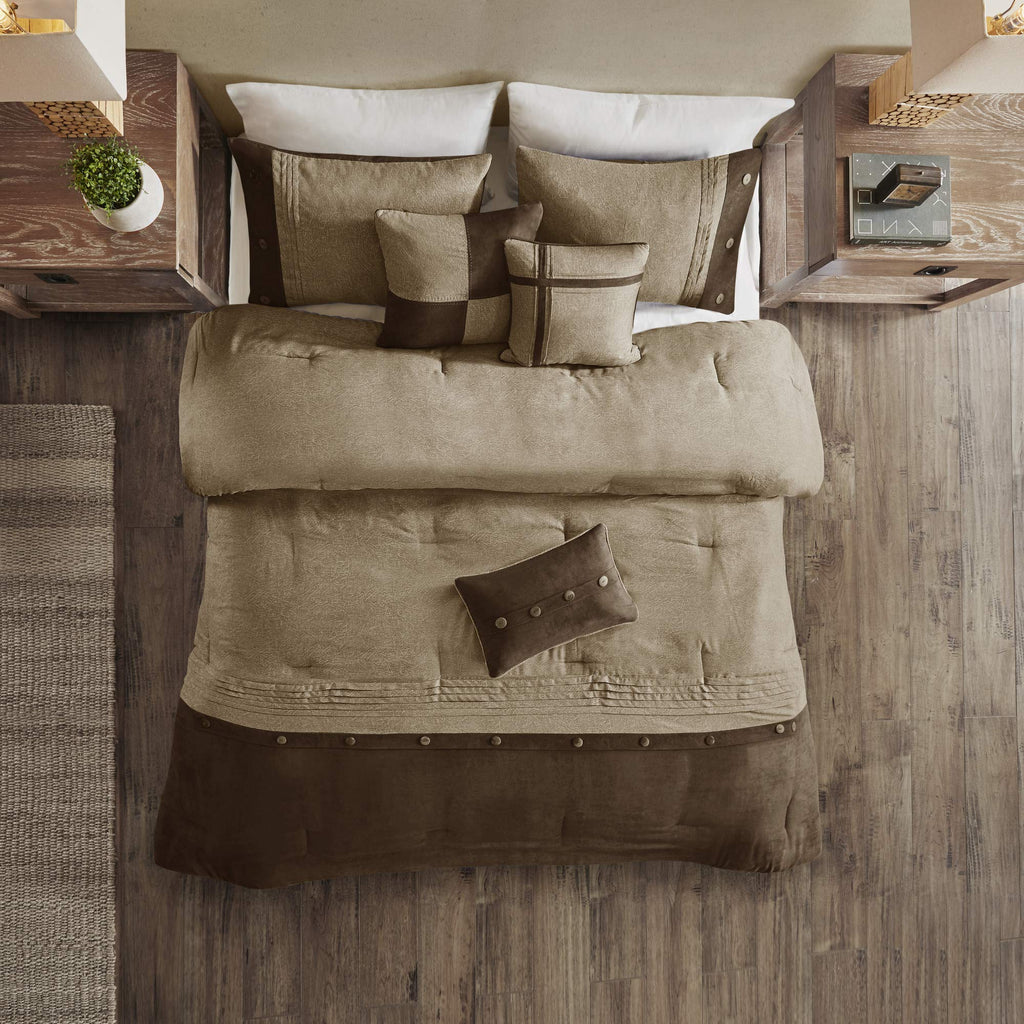 Madison Park Boone Cozy Comforter Set, Faux Suede, Deluxe Hotel Styling All Season Down Alternative Bedding Matching Shams, Decorative Pillow, California King (104 In X 92In), Rustic Brown 7 Piece