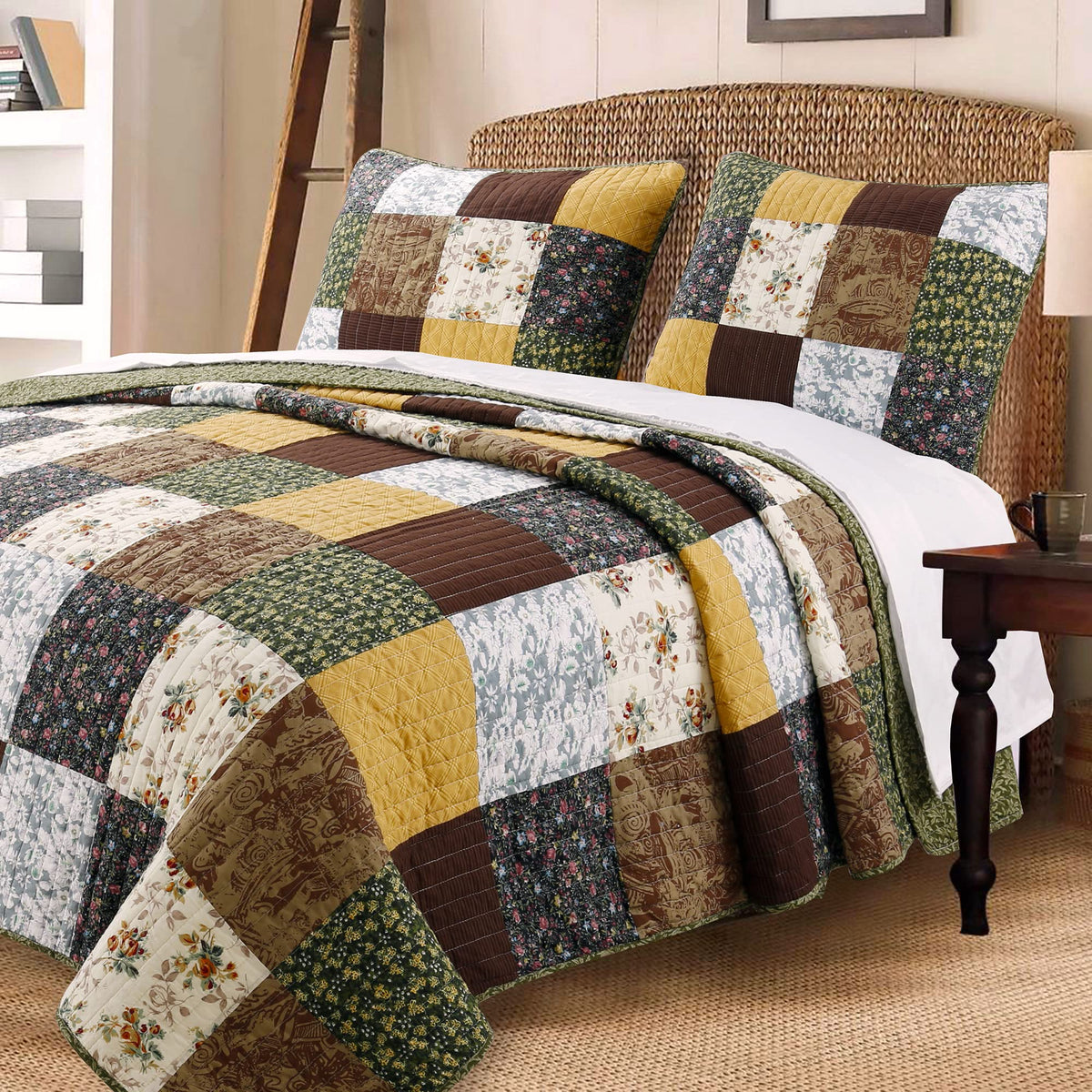 Cozy Line Home Fashions Andy Mustard Yellow Country Farmhouse Real Patchwork Quilt Bedding Set, 100% Cotton Reversible Coverlet,