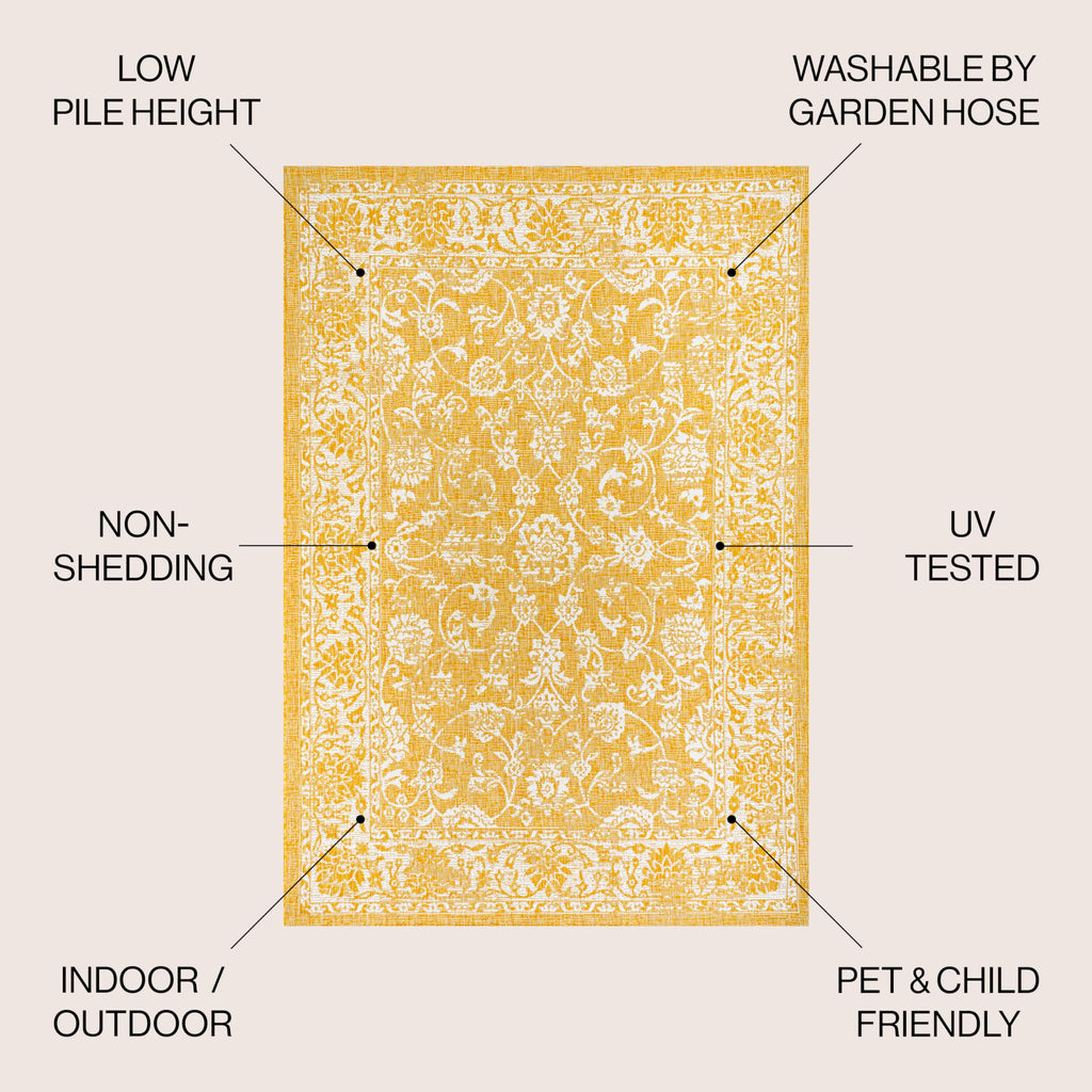 Jonathan Y Smb100E-4 Tela Bohemian Textured Weave Floral Indoor Outdoor Area Rug, Coastal, Traditional, Transitional Easy Cleaning,Bedroom,Kitchen,Backyard,Patio,Non Shedding, Yellow/Cream, 4 X 6
