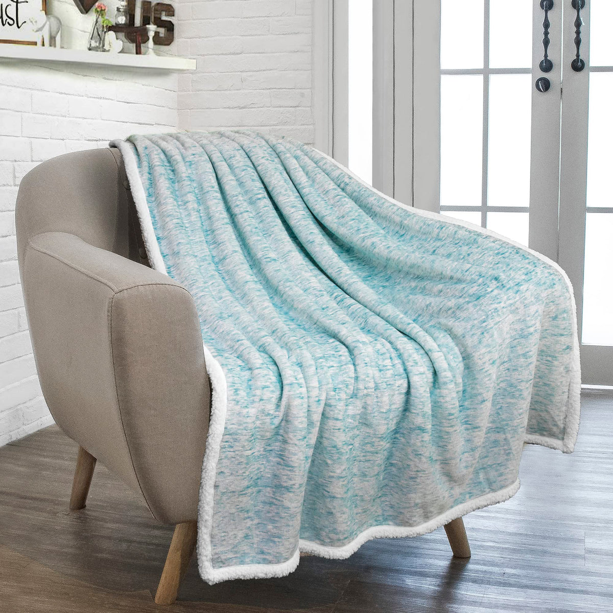 Pavilia Melange Teal Blue Sherpa Blanket Throw Couch, Warm Soft Cozy Reversible Blanket Sofa Bed, Thick Plush Large Fleece Car B