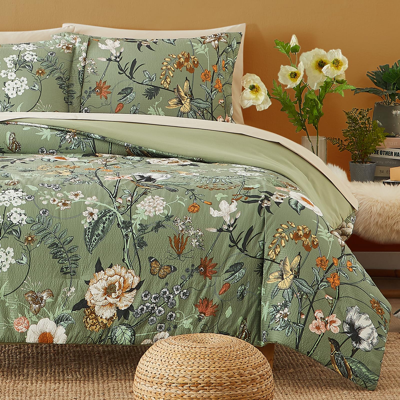 Casaagusto Queen Comforter Set, 7 Pcs Green Butterfly Floral Comforter Set With Flowers Leaves Pattern, Soft Seersucker Design A