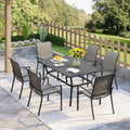 Vicllax Patio 7 Pieces Outdoor Dining Set, 59' Outdoor Dining Table With Umbrella Hole And 6 Stackable Cotton-Padded Textilene Chairs For Garden, Porch, Black Frame