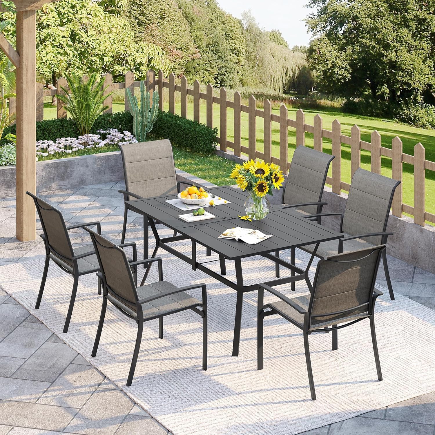 Vicllax Patio 7 Pieces Outdoor Dining Set, 59' Outdoor Dining Table With Umbrella Hole And 6 Stackable Cotton-Padded Textilene Chairs For Garden, Porch, Black Frame