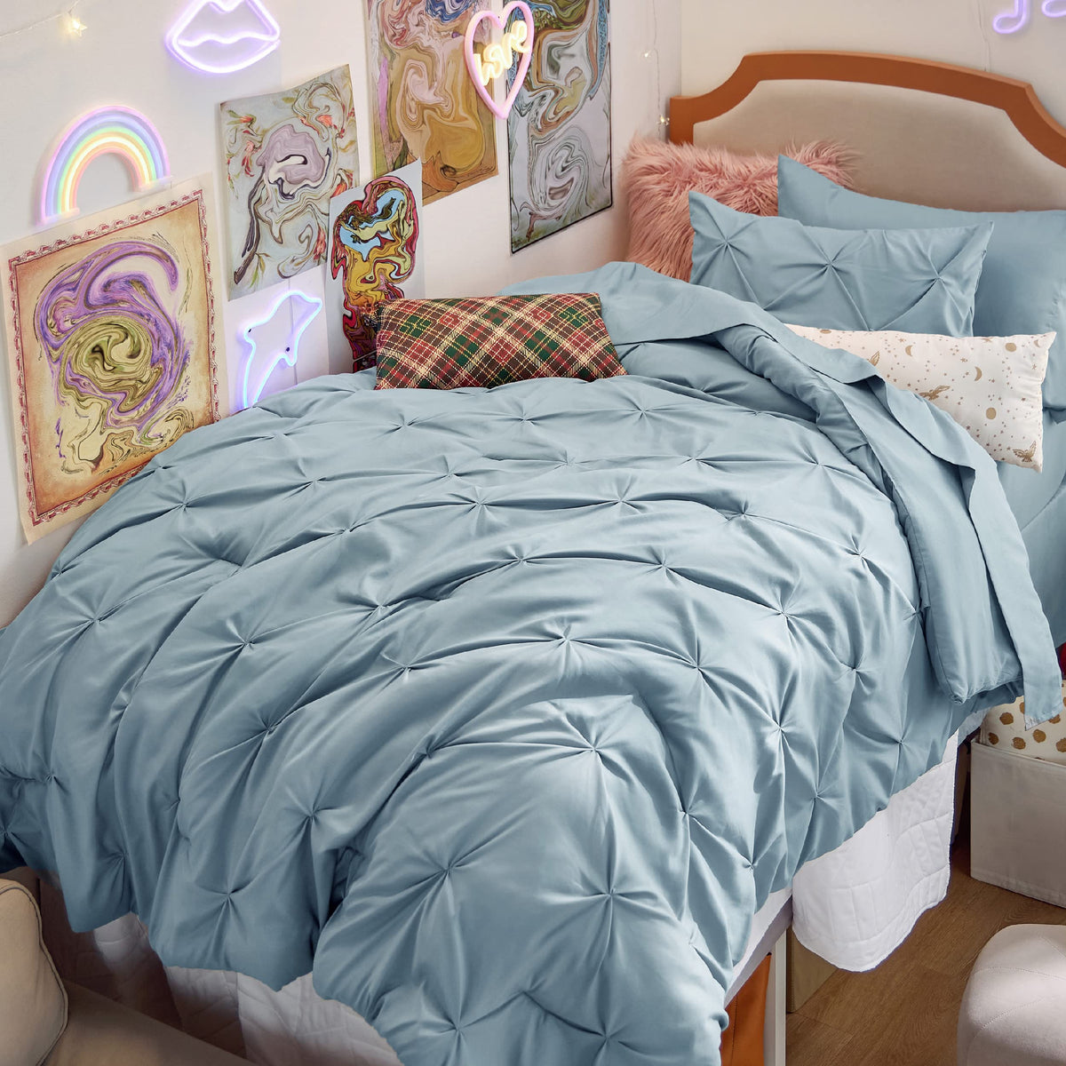 Bedsure Twin Comforter Set With Sheets - 5 Pieces Twin Bedding Sets, Pinch Pleat Blue Twin Bed In A Bag With Comforter, Sheets,