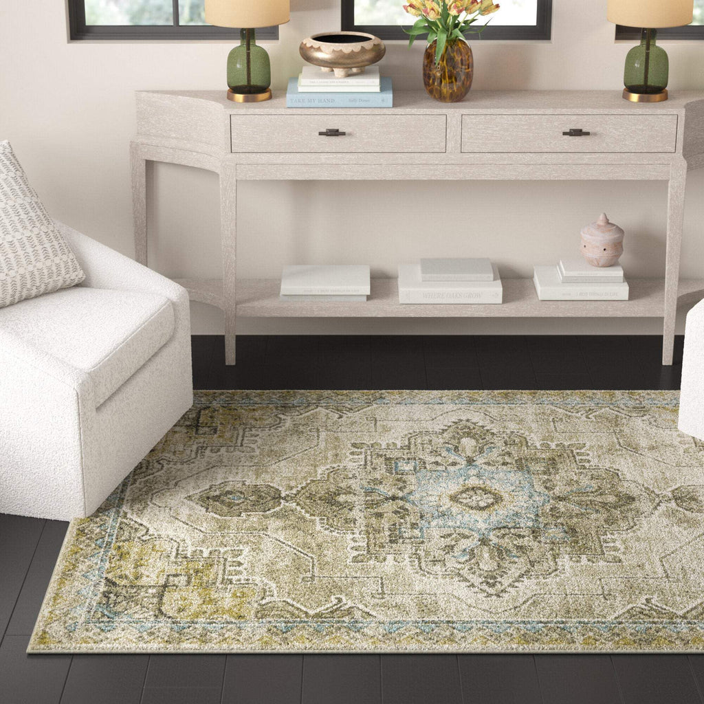 HomeRoots 509875 6 x 9 ft. Gray Blue Beige & Gold Oriental Power Loom Stain Resistant Rectangle Area Rug