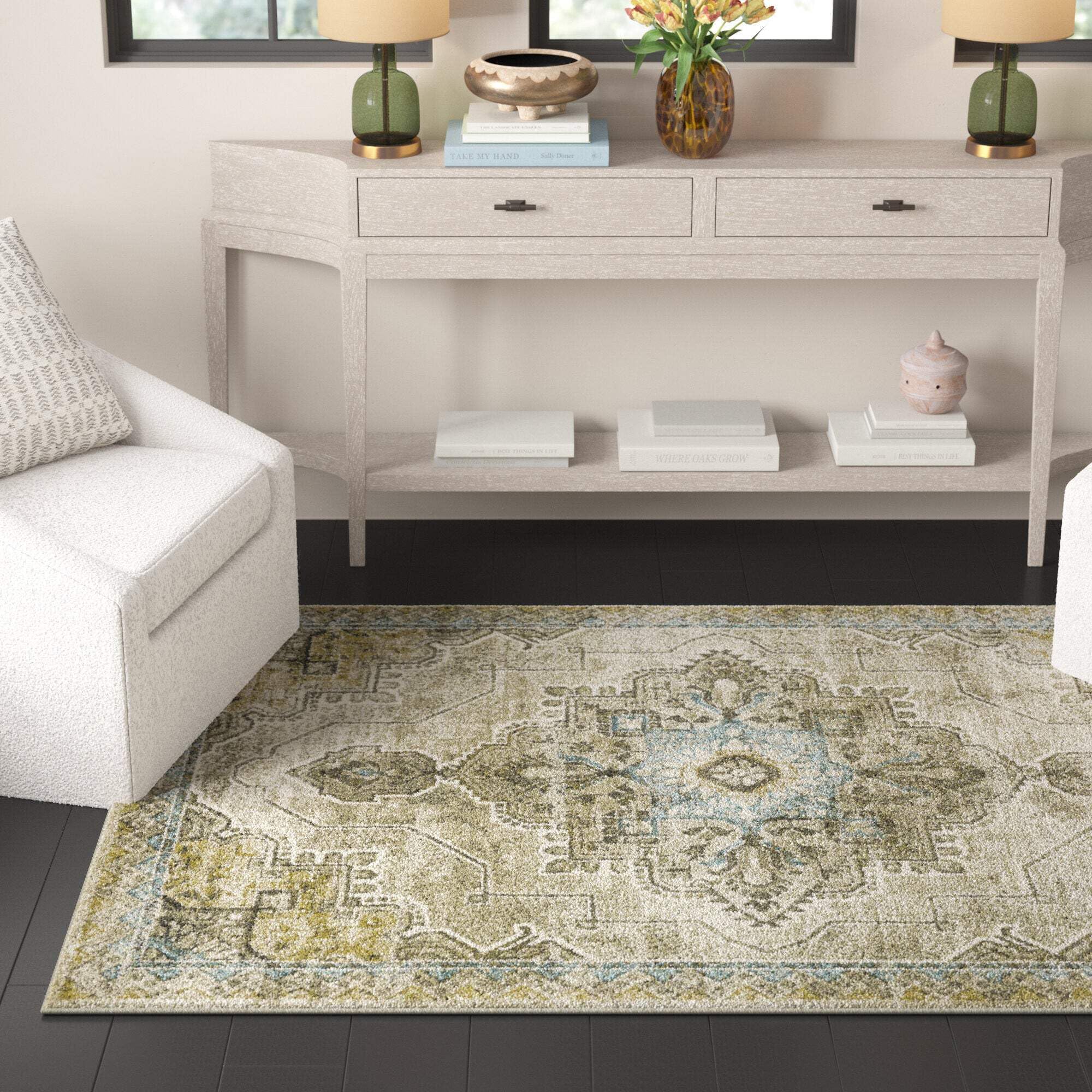 HomeRoots 509875 6 x 9 ft. Gray Blue Beige & Gold Oriental Power Loom Stain Resistant Rectangle Area Rug