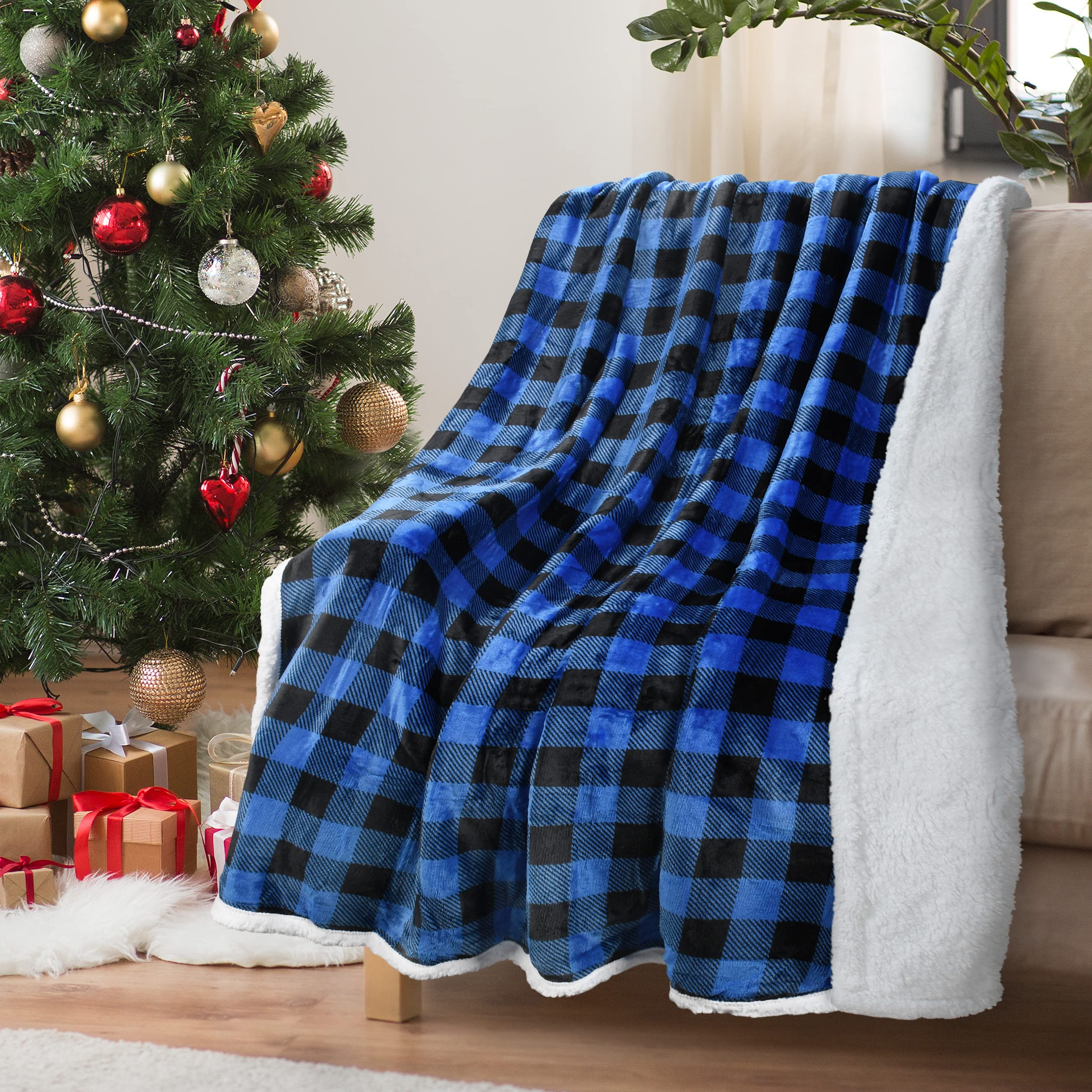 Blue Buffalo Plaid Sherpa Throw Tv Blanket 50' X 60', Super Soft Warm Comfy Plush Fleece Bedding Couch Cabin Throw Decorative