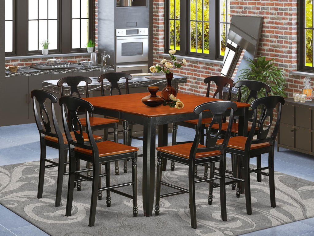 East West Furniture FAKE9H-BLK-W 9 Piece Counter Height Dining Table Set Includes a Square Kitchen Table with Pedestal and 8 Dining Room Chairs, 54x54 Inch, Black & Cherry