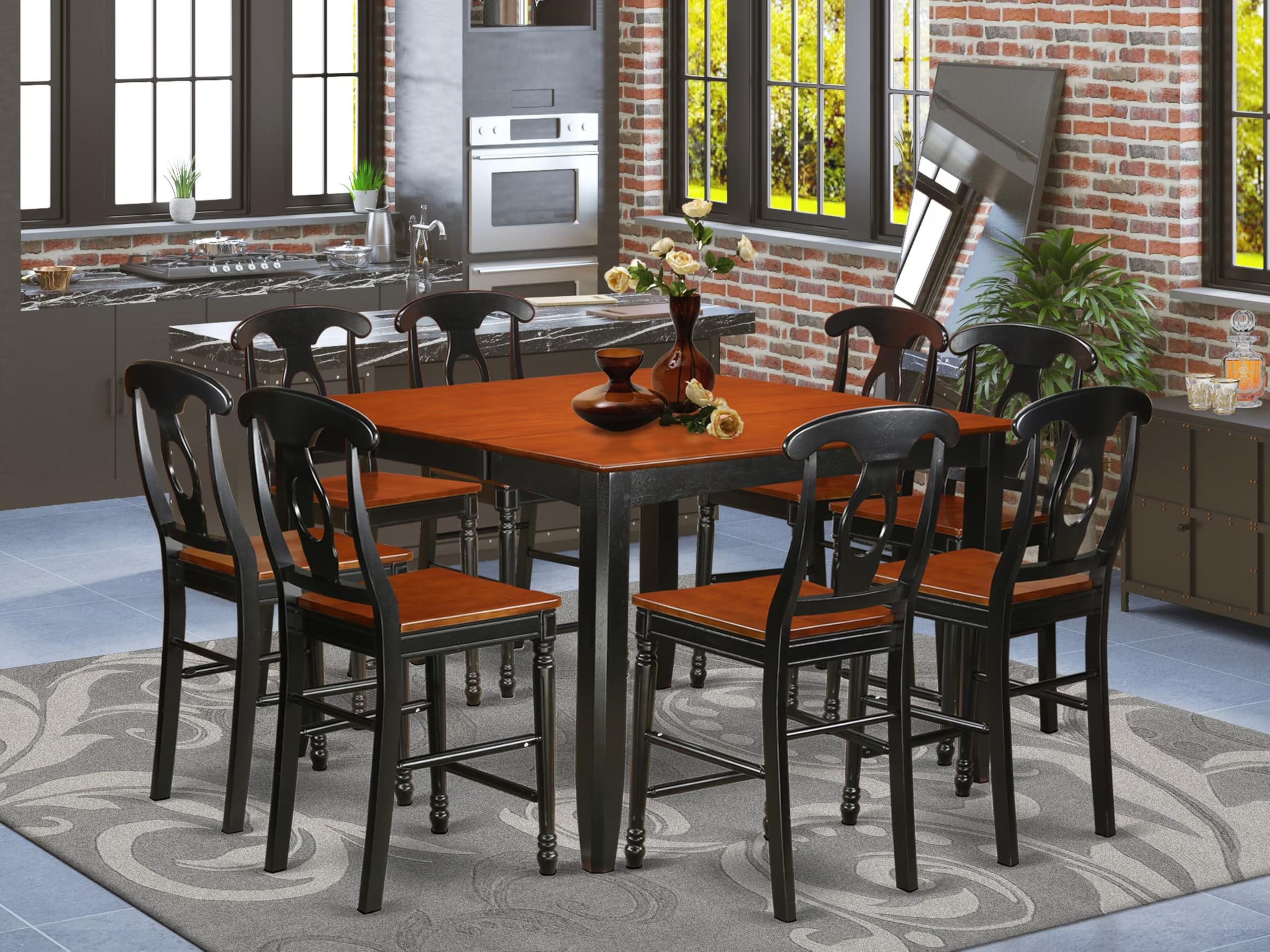 East West Furniture FAKE9H-BLK-W 9 Piece Counter Height Dining Table Set Includes a Square Kitchen Table with Pedestal and 8 Dining Room Chairs, 54x54 Inch, Black & Cherry