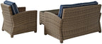 Crosley Furniture Bradenton 3-Piece Outdoor Loveseat Patio Furniture Set, Wicker Conversation Sets for Porch, Brown with Navy Cushions