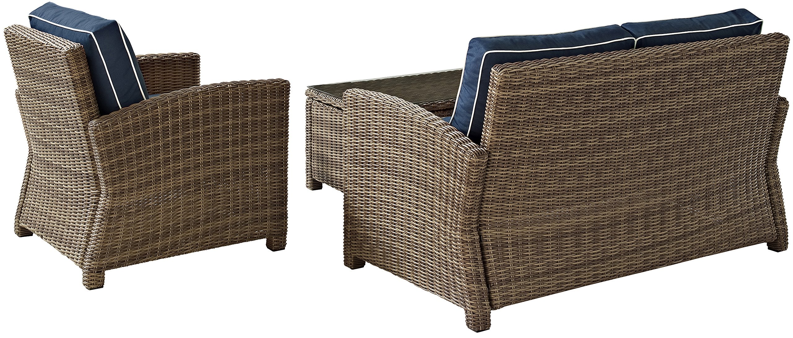 Crosley Furniture Bradenton 3-Piece Outdoor Loveseat Patio Furniture Set, Wicker Conversation Sets for Porch, Brown with Navy Cushions