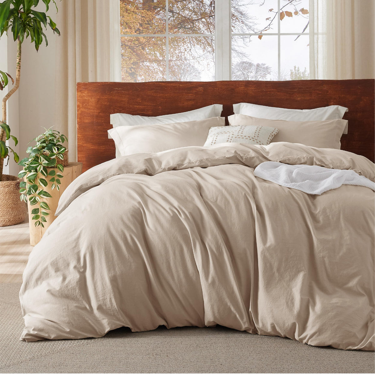 Bedsure 100% Washed Cotton Duvet Cover Queen - Beige Minimalist Cotton Duvet Cover Set Linen Like - 3 Pieces Gentlesoft™ Plain Simple Bedding Set With 2 Pillow Shams (Beige, Queen, 90'X90')
