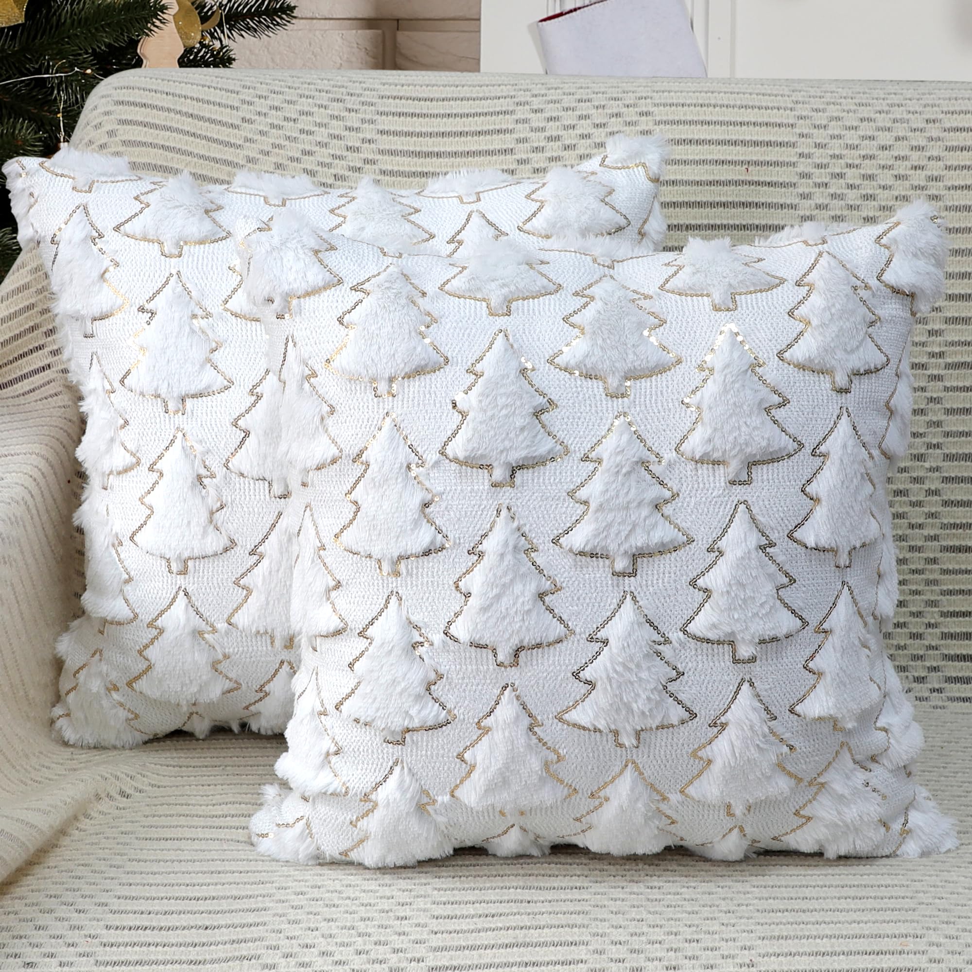 4Th Emotion Christmas Tree Decorative Pillow Covers 18X18 Set Of 2, White Soft Plush Faux Fur Farmhouse Throw Cushion Cases For