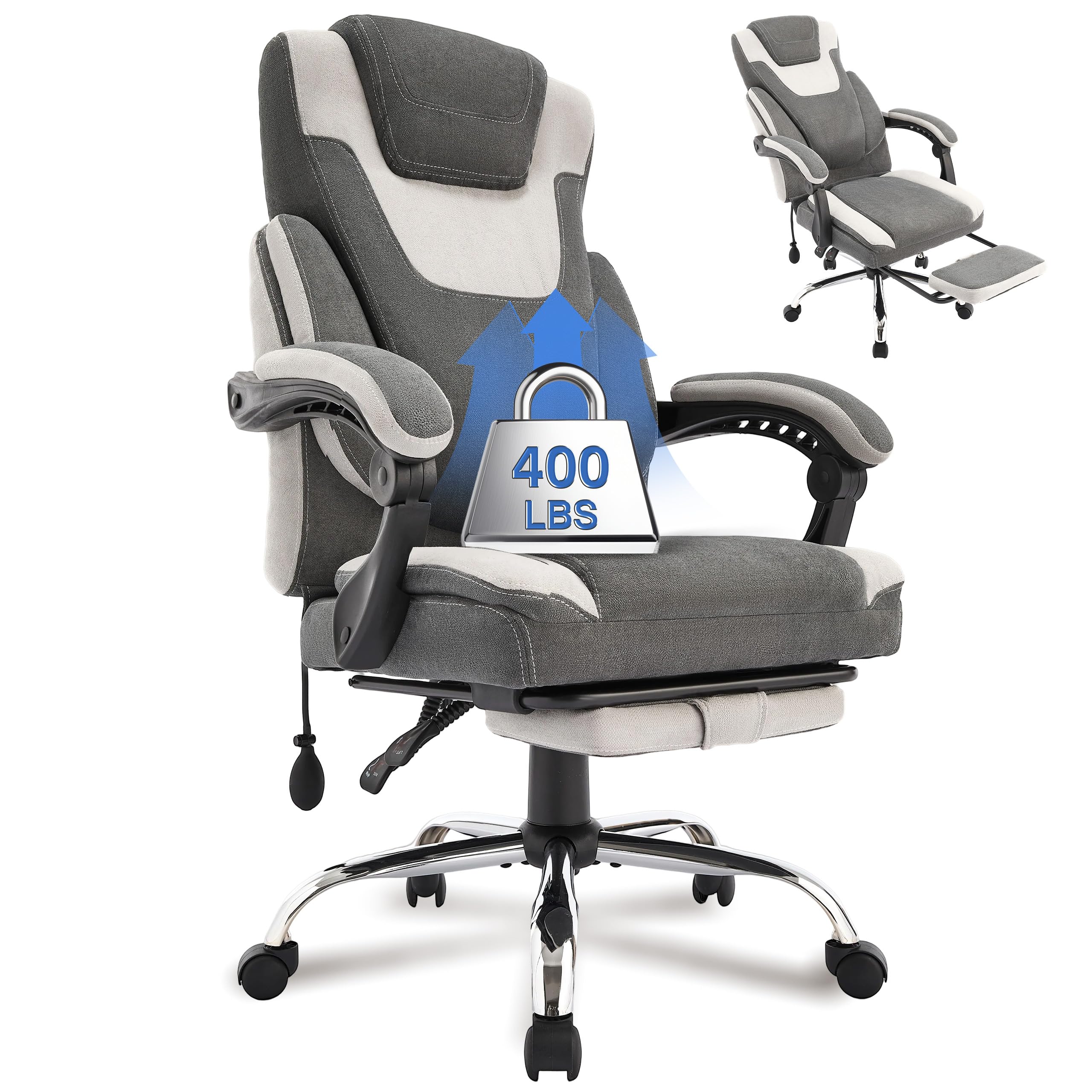 Big And Tall Office Chair 400Lbs With Foot Rest, Ergonomic Fabric Executive Desk Chair With Adjustable Lumbar Support, Extra Wid