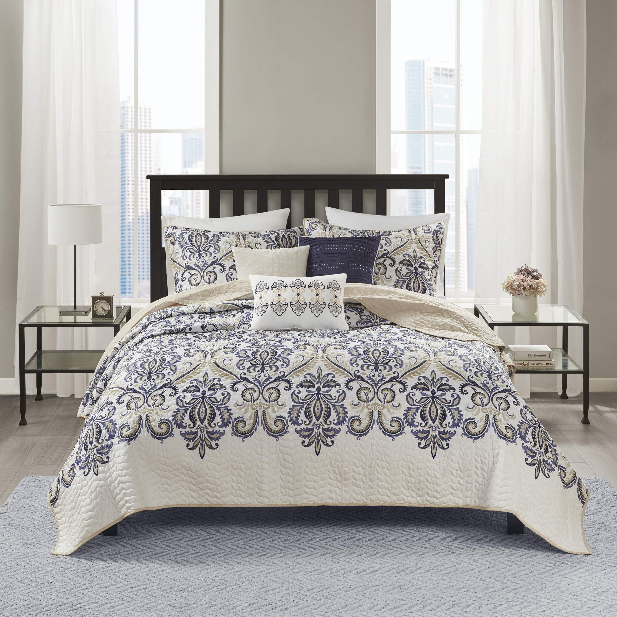 Madison Park Quilt Traditional Damask Design All Season, Lightweight Coverlet Bedspread Bedding Set, Matching Shams, Pillows, Ki