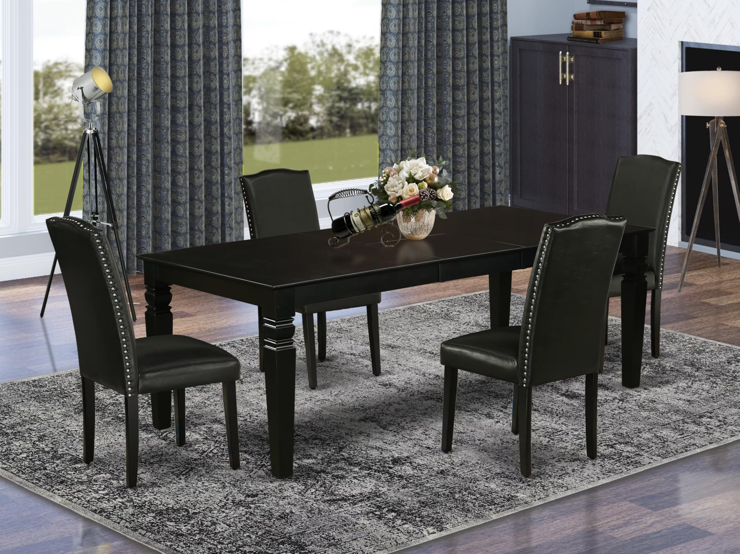East West Furniture Lgen5-Blk-69 5 Piece Dining Table Set Includes A Rectangle Dining Room Table With Butterfly Leaf And 4 Black Faux Leather Parsons Chairs, 42X84 Inch, Black