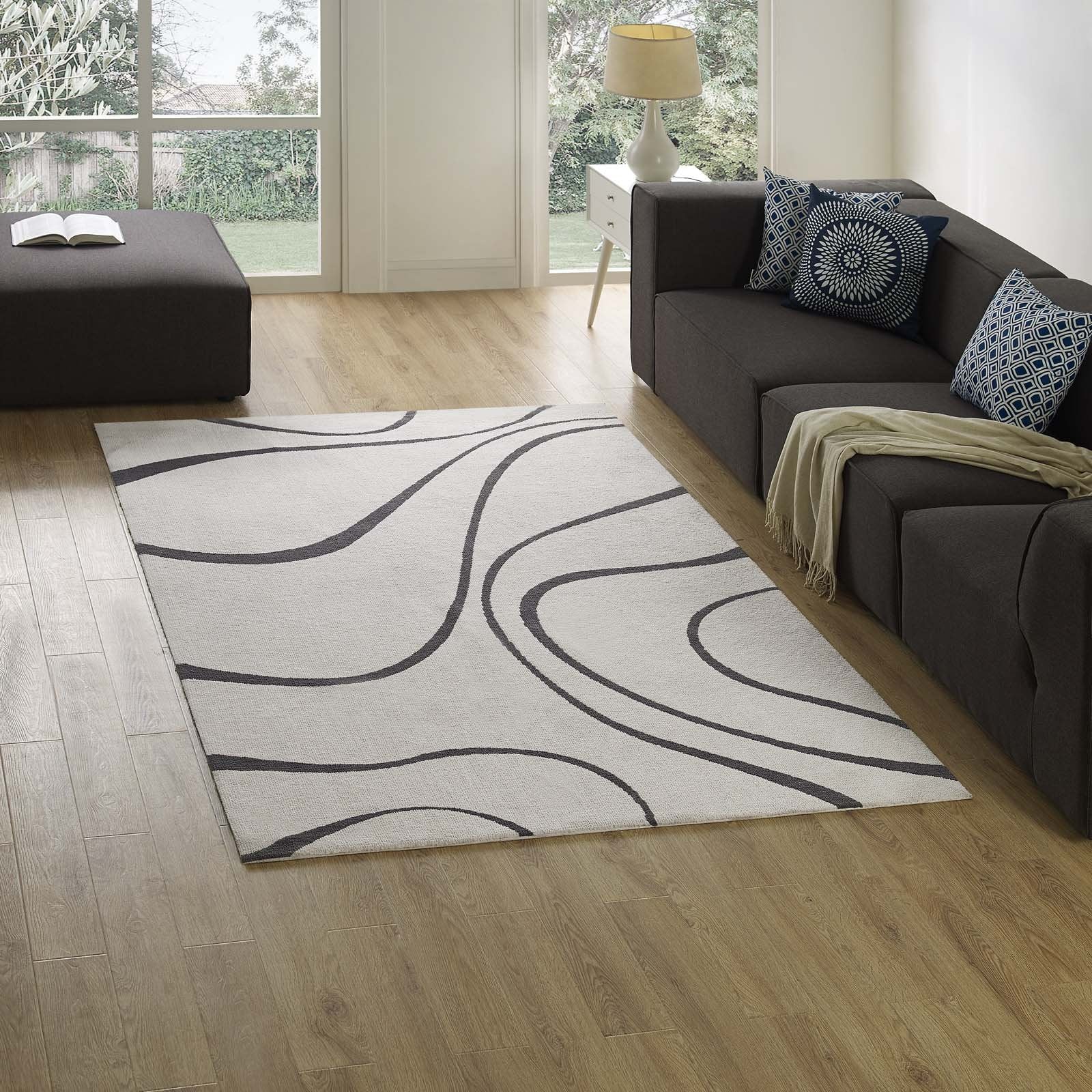 Modway Therese Abstract Swirl 5X8 Area Rug Contemporary Design In Ivory And Charcoal