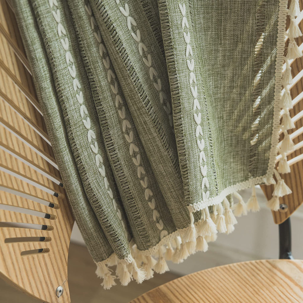 Sutuo Home Boho Curtains For Bedroom Living Room Kitchen, Semi-Blackout French Country Farmhouse Vintage Linen Shabby Chic Tassels Hollow Window Treatment Bohemian Drape, 1 Panel 52' W X 63' L, Green