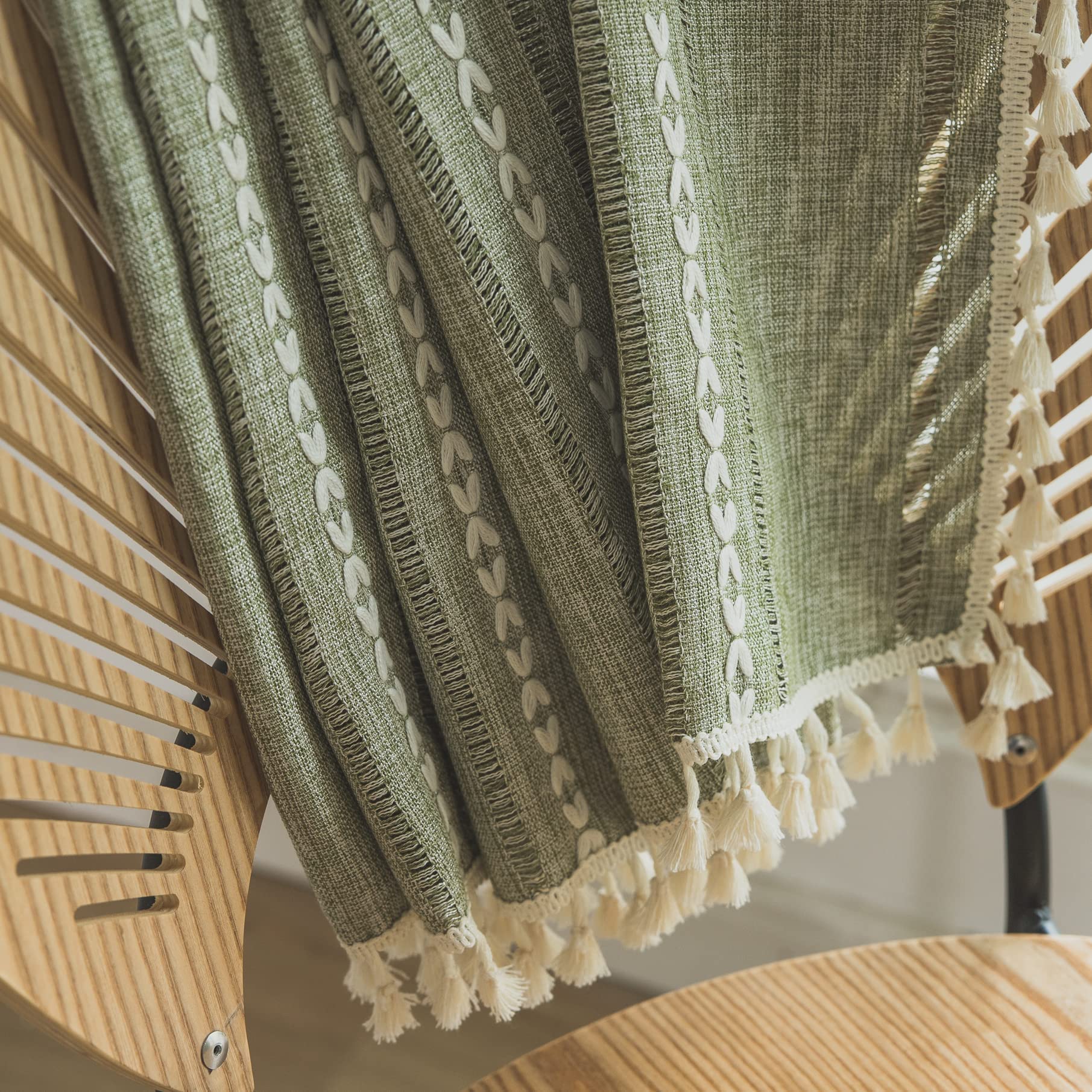 Sutuo Home Boho Curtains For Bedroom Living Room Kitchen, Semi-Blackout French Country Farmhouse Vintage Linen Shabby Chic Tassels Hollow Window Treatment Bohemian Drape, 1 Panel 52' W X 63' L, Green