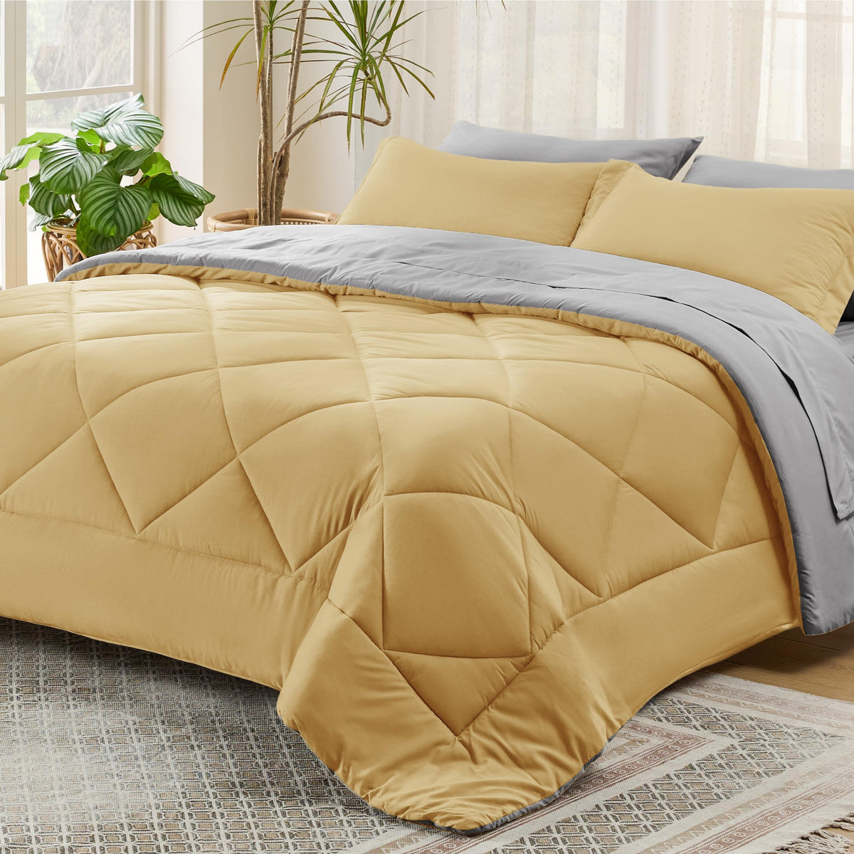 Bedsure Yellow Queen Comforter Set - 7 Pieces Reversible Queen Bed In A Bag Queen Bed Set With Comforters, Sheets, Pillowcases &