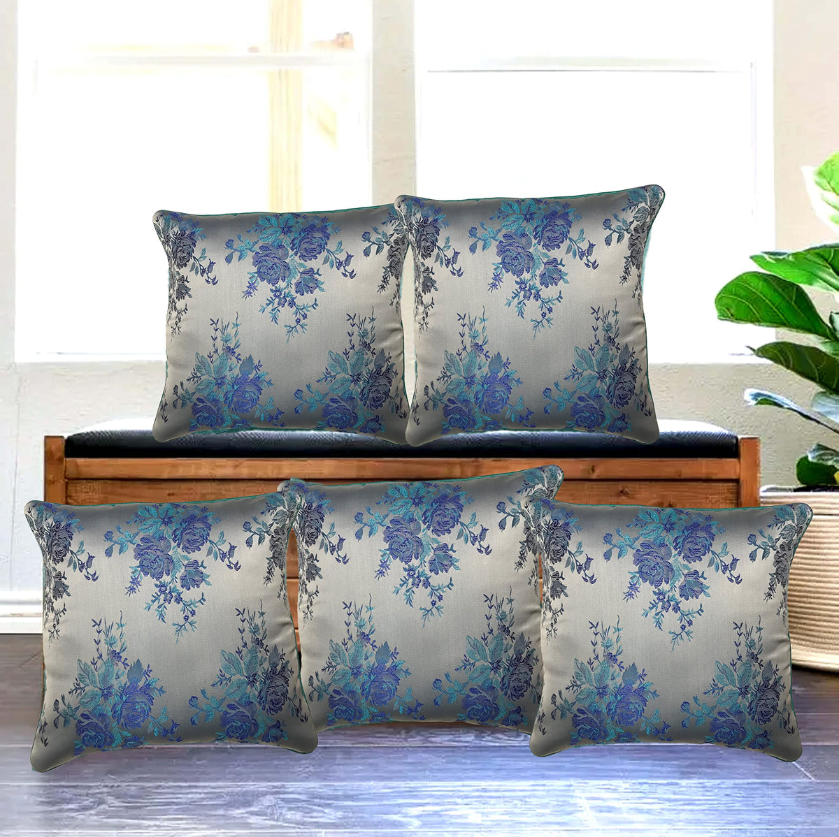 Im Fab Silky Rose Jacquard Fabric Decorative Throw Cushion Cover 12X12 Set Of 5 Pcs (Blue)