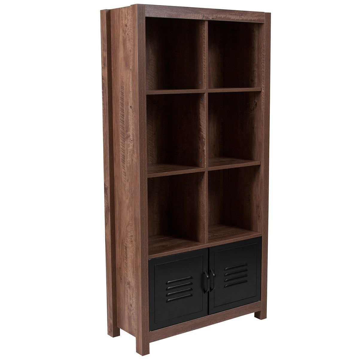 Flash Furniture New Lancaster Collection 59.5&quot;H 6 Cube Storage Organizer Bookcase With Metal Cabinet Doors In Crosscut Oak Wood Grain Finish