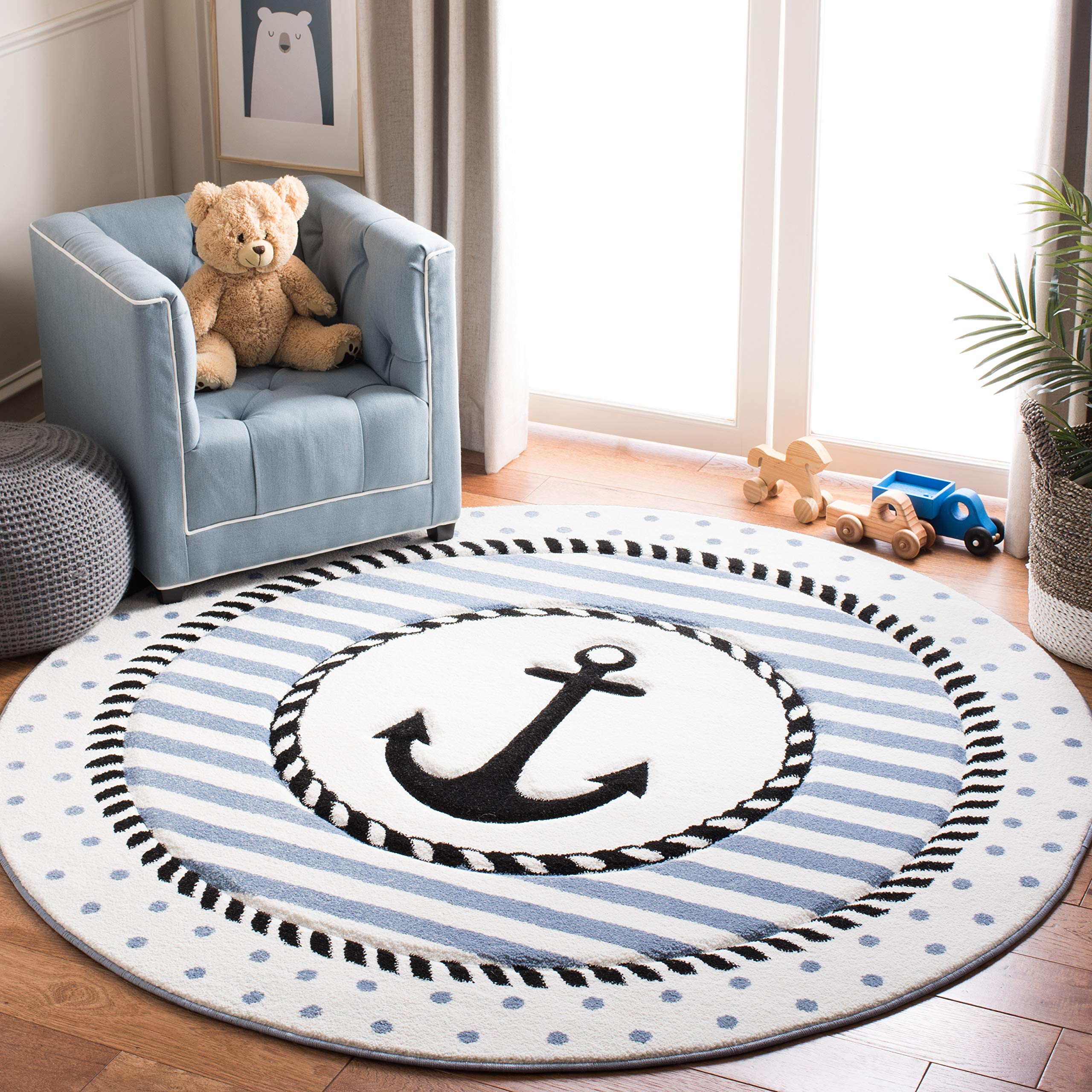 SAFAVIEH Carousel Kids Collection Area Rug - 8 Round, Ivory & Navy, Non-Shedding & Easy Care, Ideal for High Traffic Areas for 